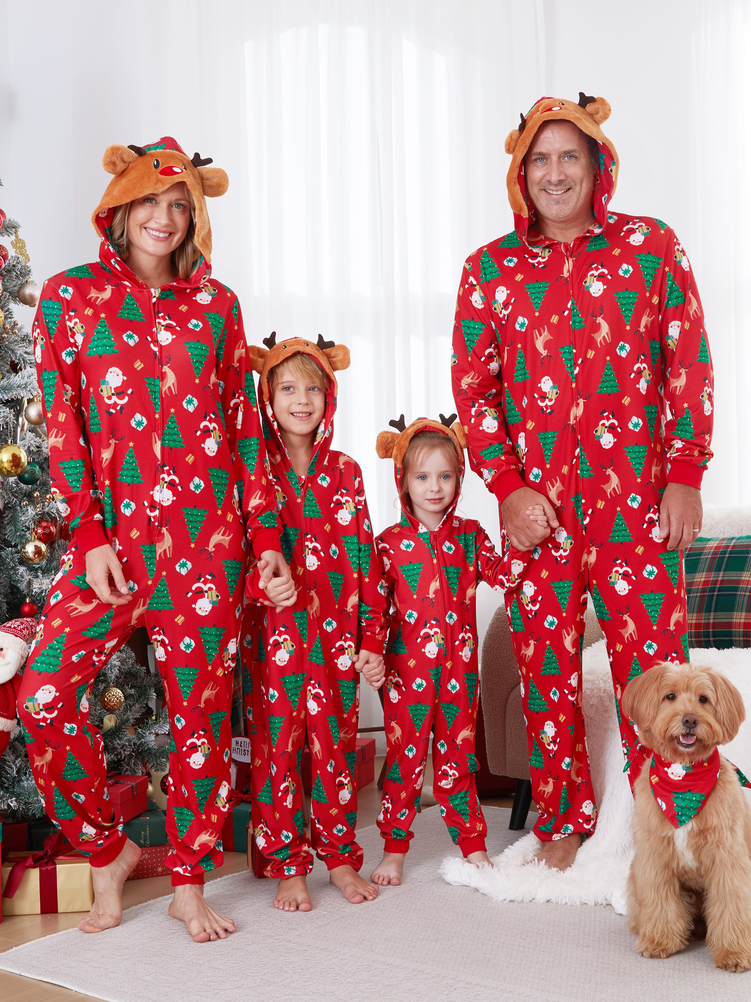 Christmas Family Pajamas Sets 3D Reindeer Hooded Allover Print Onesies