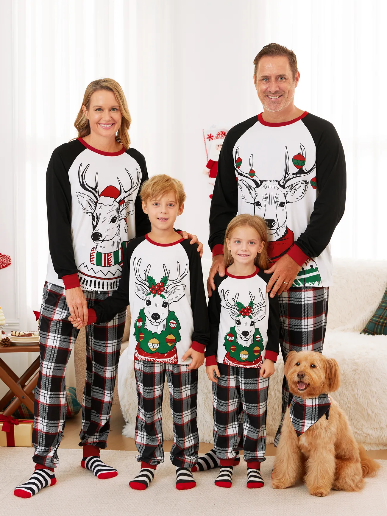 Christmas Family Matching Black Raglan Sleeves Red Cuffs Reindeer Graphic Plaid Pants Pajamas Sets with Drawstring and Pockets