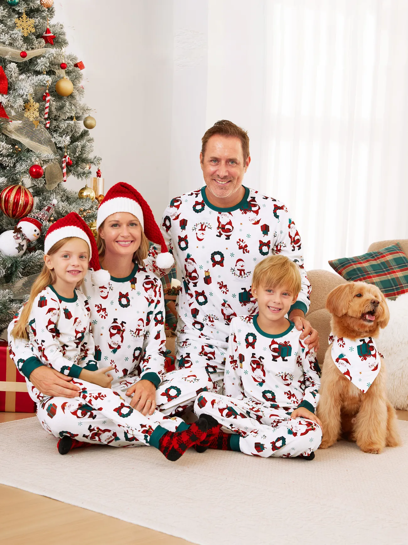 White Matching Family Pajamas Christmas - Santa & Wreaths Print