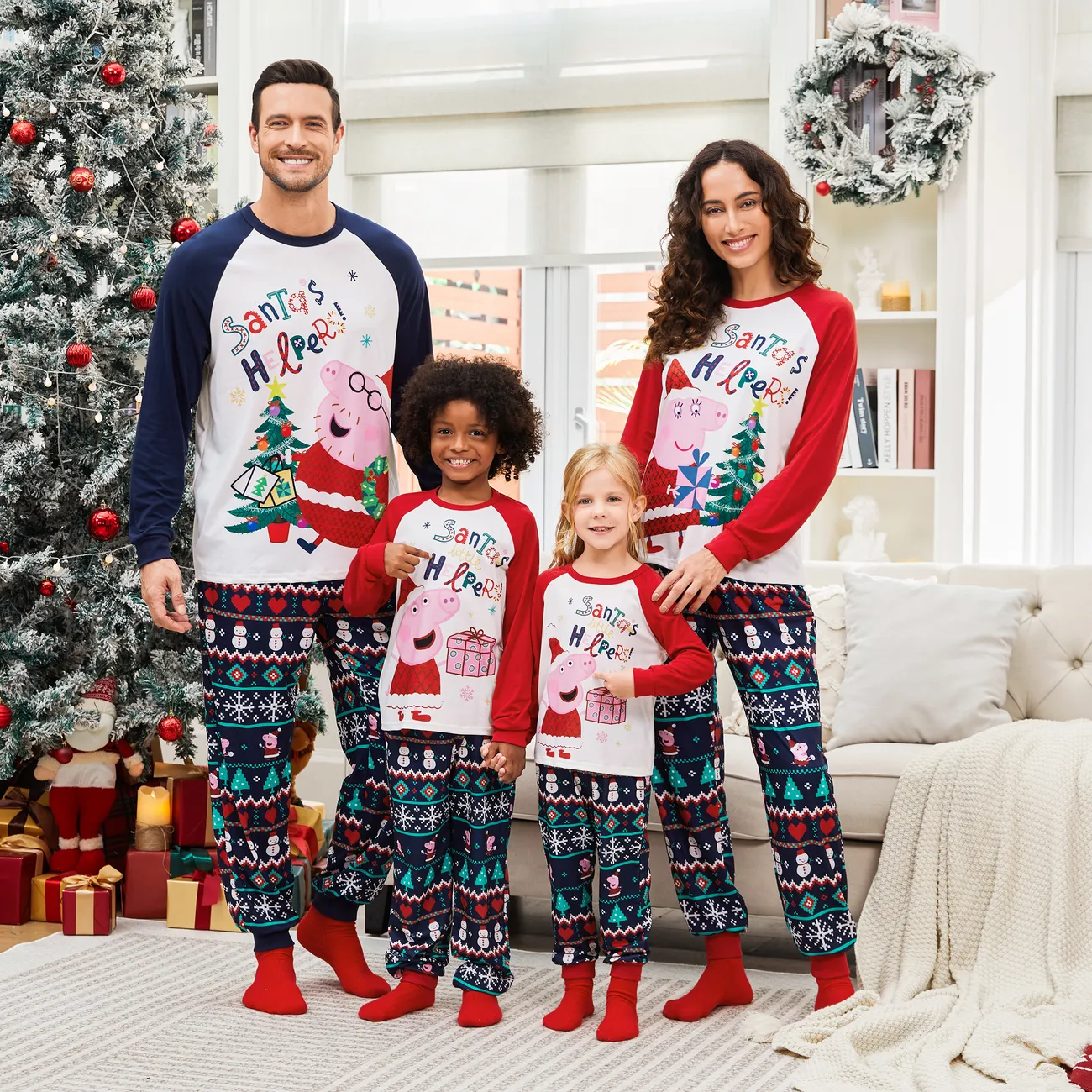 Peppa Pig Family matching Christmas Print Colorblock Long-sleeve Pajamas Set(Flame Resistant)
