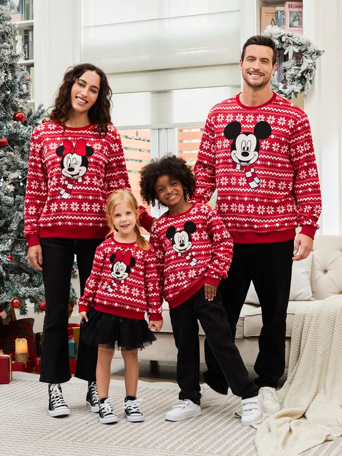 Disney Mickey and Friends Christmas Family Matching Snowflake Character Print Plush Crew Neck Sweatshirt