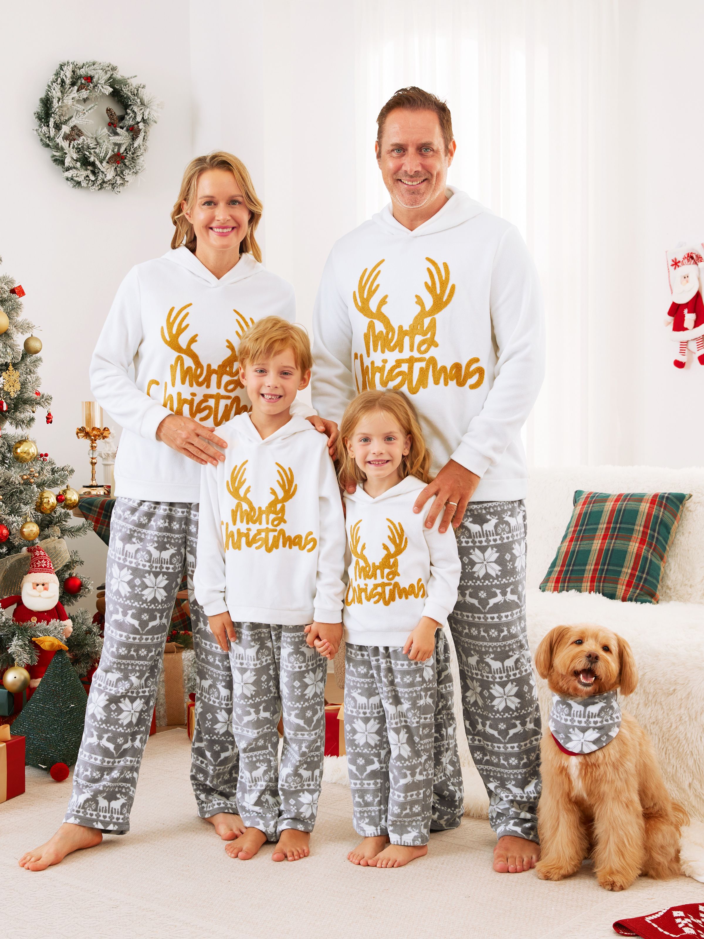 Christmas Family Matching Letters Embroidered Long sleeve Hooded Fleece Pajamas Sets