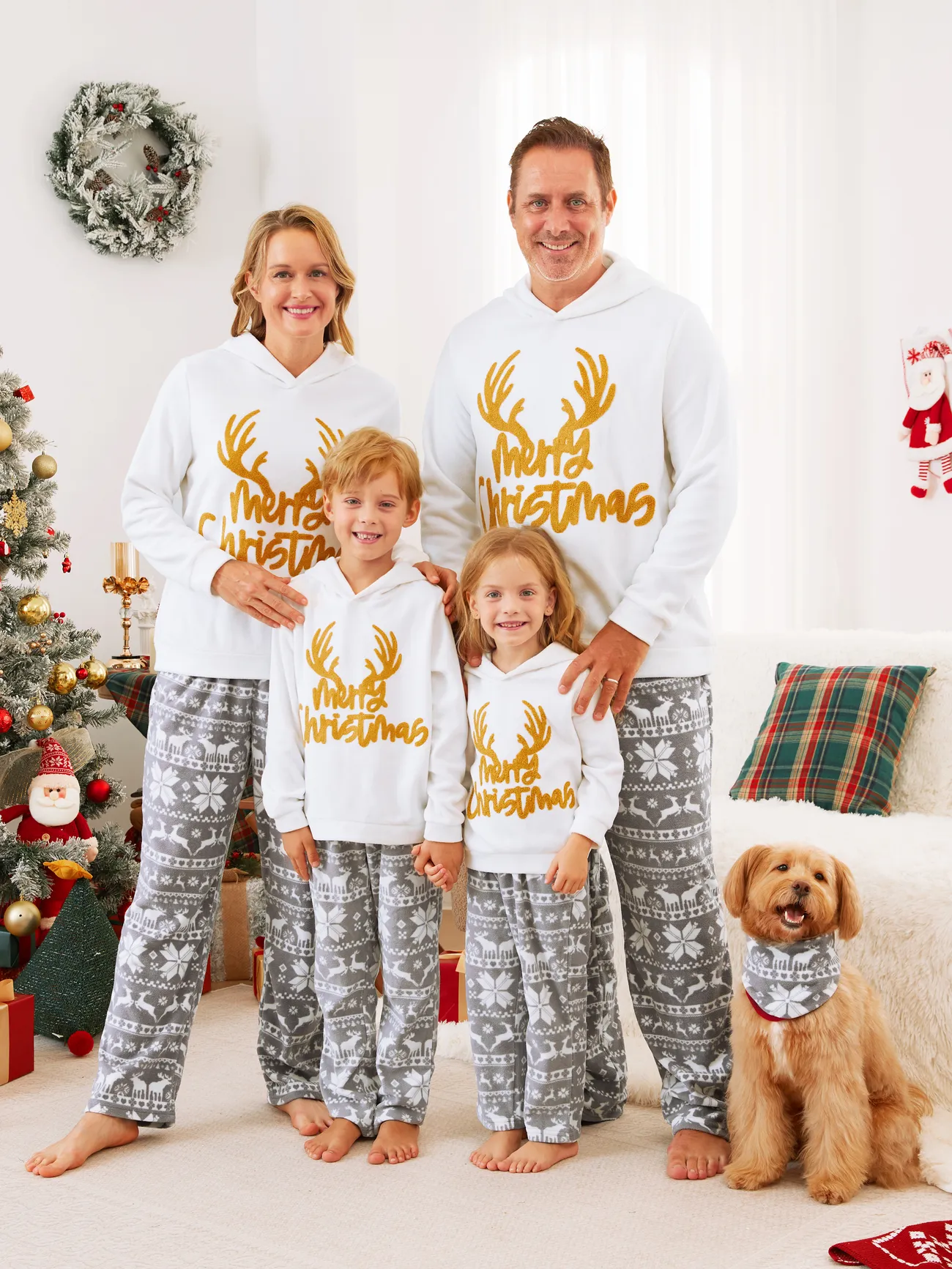 Merry Christmas White Hooded Pajamas Fleece Sets for the Whole Family Member