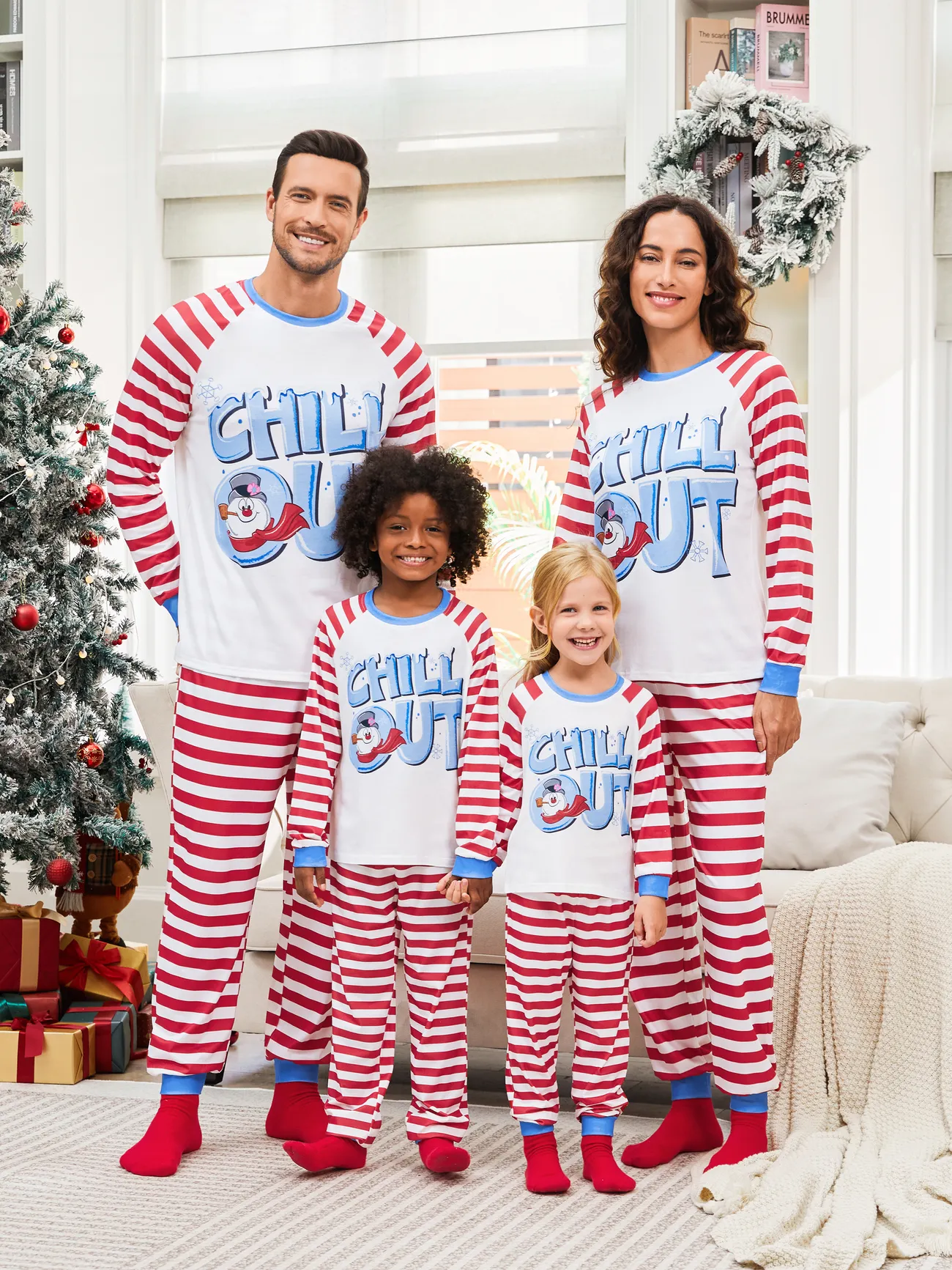 

Frosty The Snowman Family Matching Christmas Striped Colorblock Long-sleeve Pajamas(flame resistance)