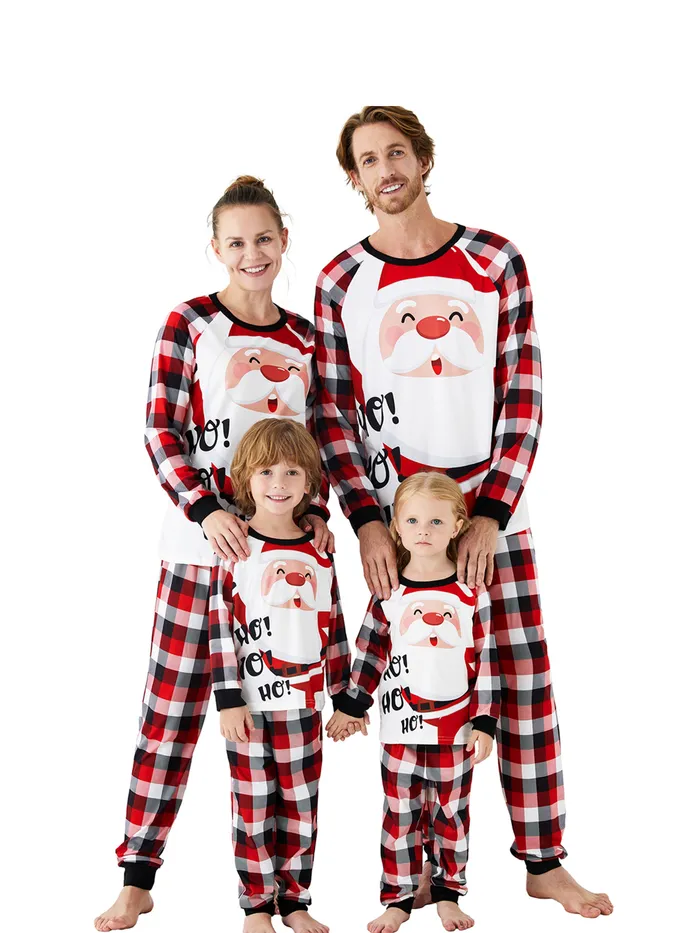 Christmas Family Matching Santa & Letter Print Red Plaid Raglan-sleeve Pajamas Sets (Flame Resistant)