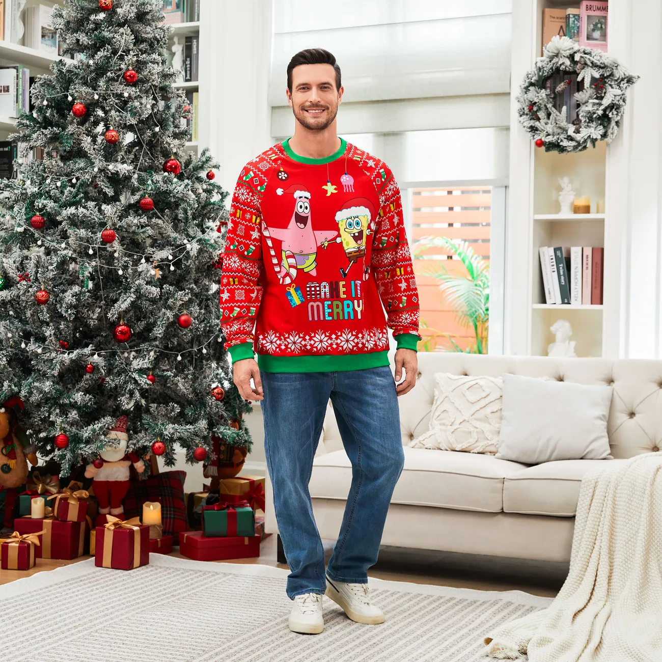 SpongeBob SquarePants Family matching 1pc Christmas Pattern Long-sleeve Sweatshirt/Jumpsuit