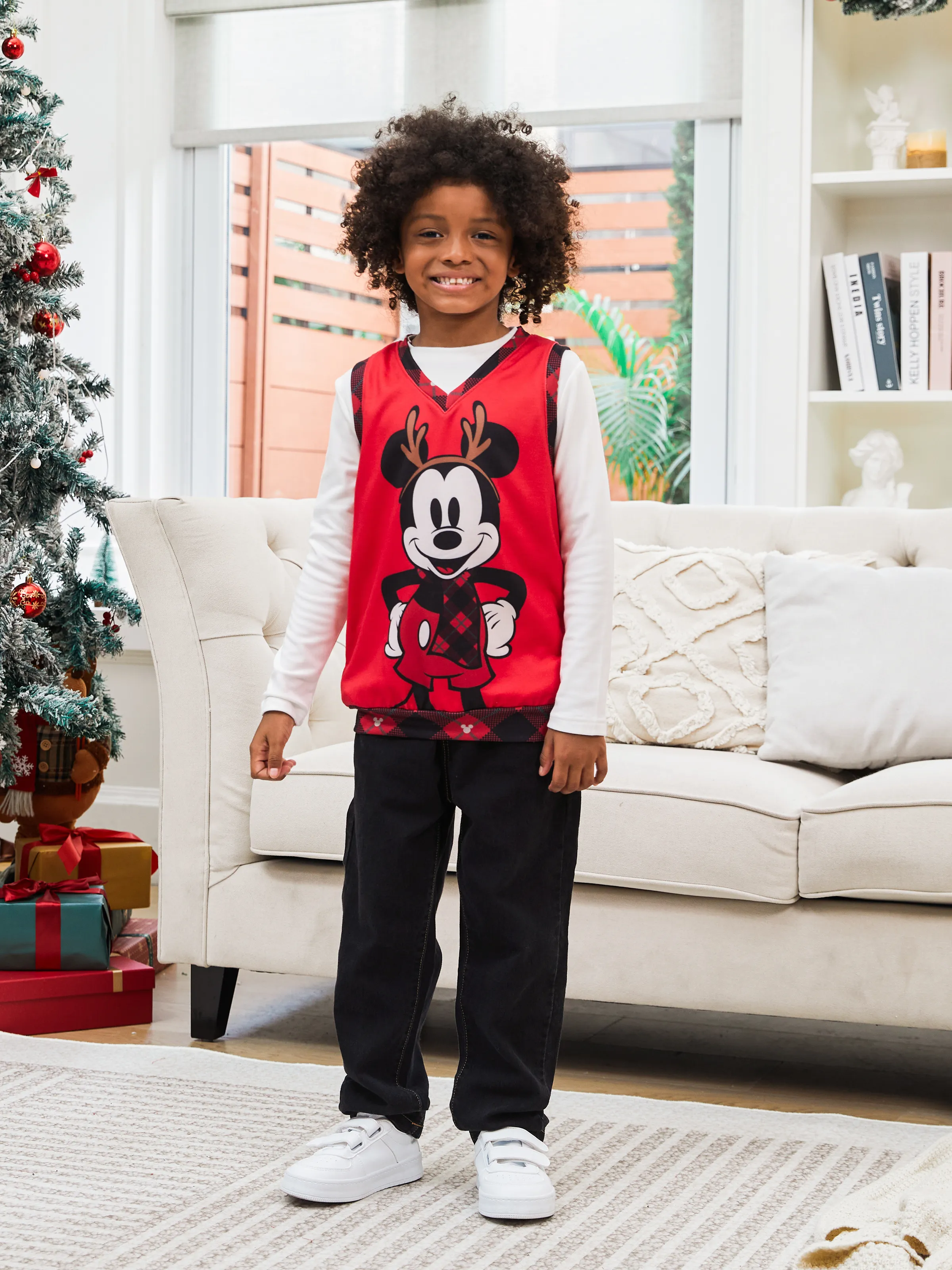 

Disney Mickey and Friends Family matching 1pc Christmas Micky Mouse Plaid Zipper Lapel Collar Sweatshirt/Vest/Dress/Naia™ Jumpsuit