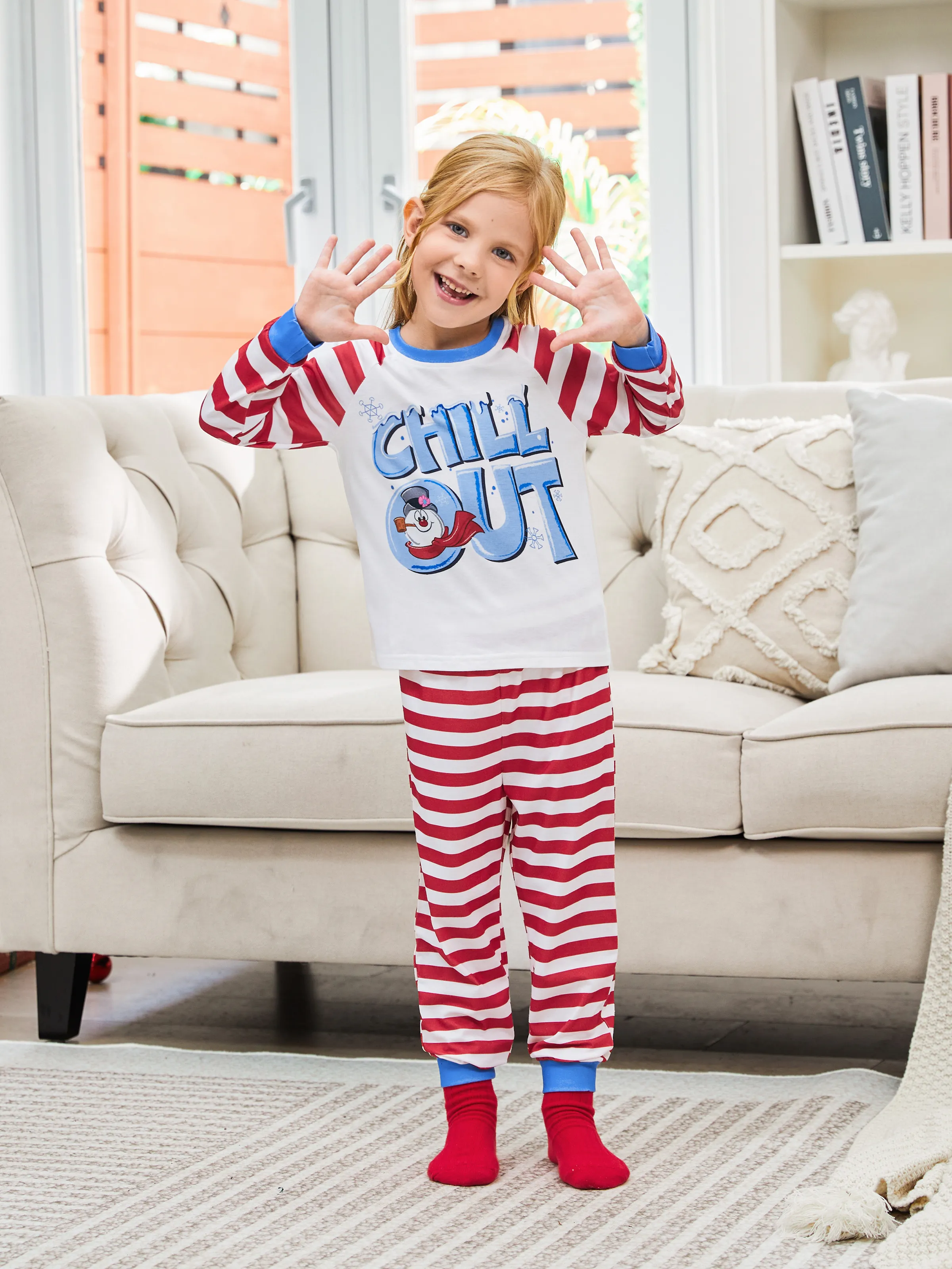 

Frosty The Snowman Family Matching Christmas Striped Colorblock Long-sleeve Pajamas(flame resistance)