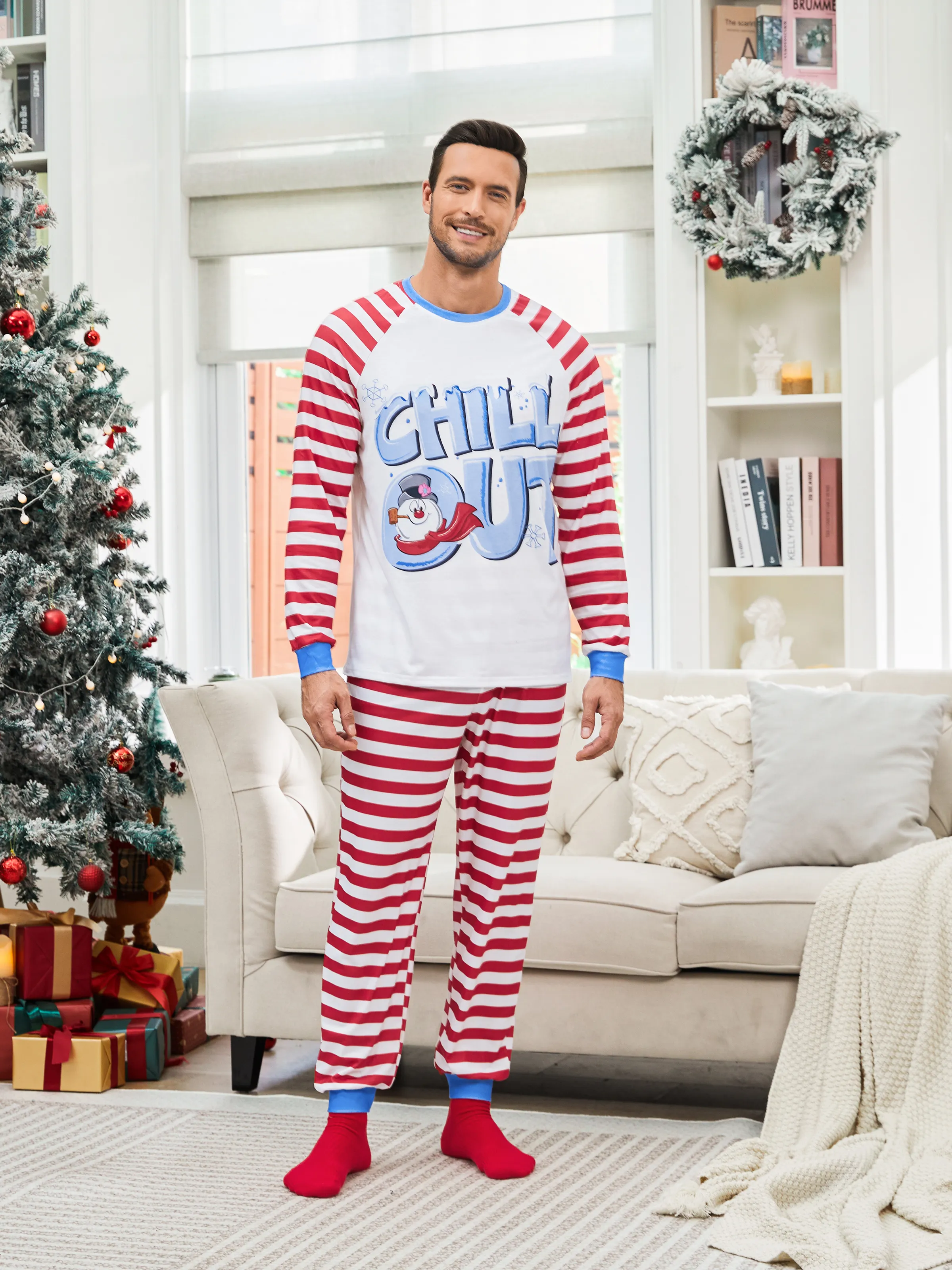 

Frosty The Snowman Family Matching Christmas Striped Colorblock Long-sleeve Pajamas(flame resistance)