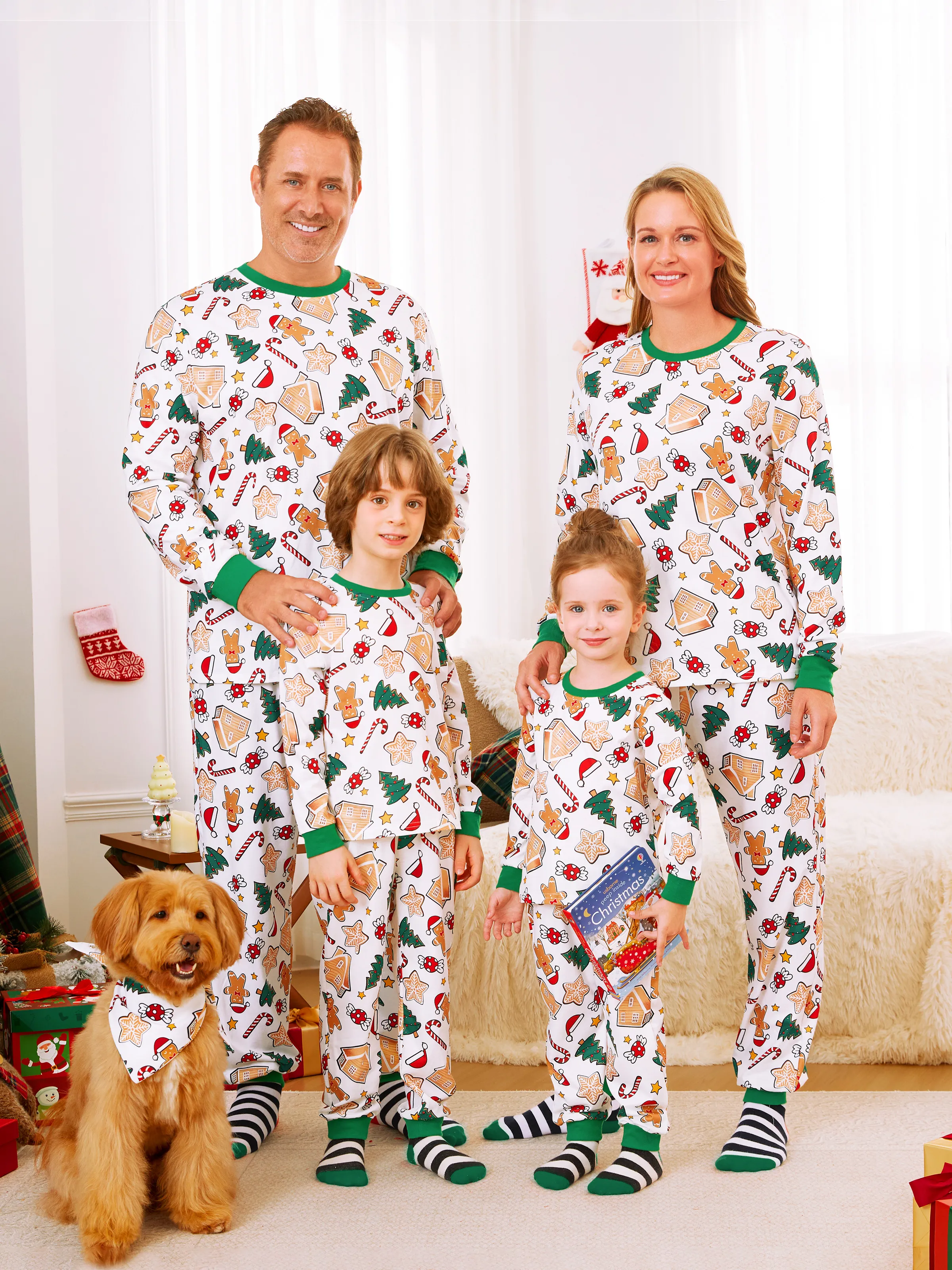 Gingerbread Pajamas White and Green - Matching Christmas PJ Sets