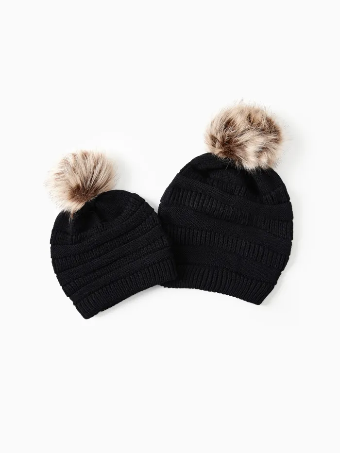 Winter Fall Trendy Chunky Stretchy Cable Knit Pom Pom hat for mom and daughter