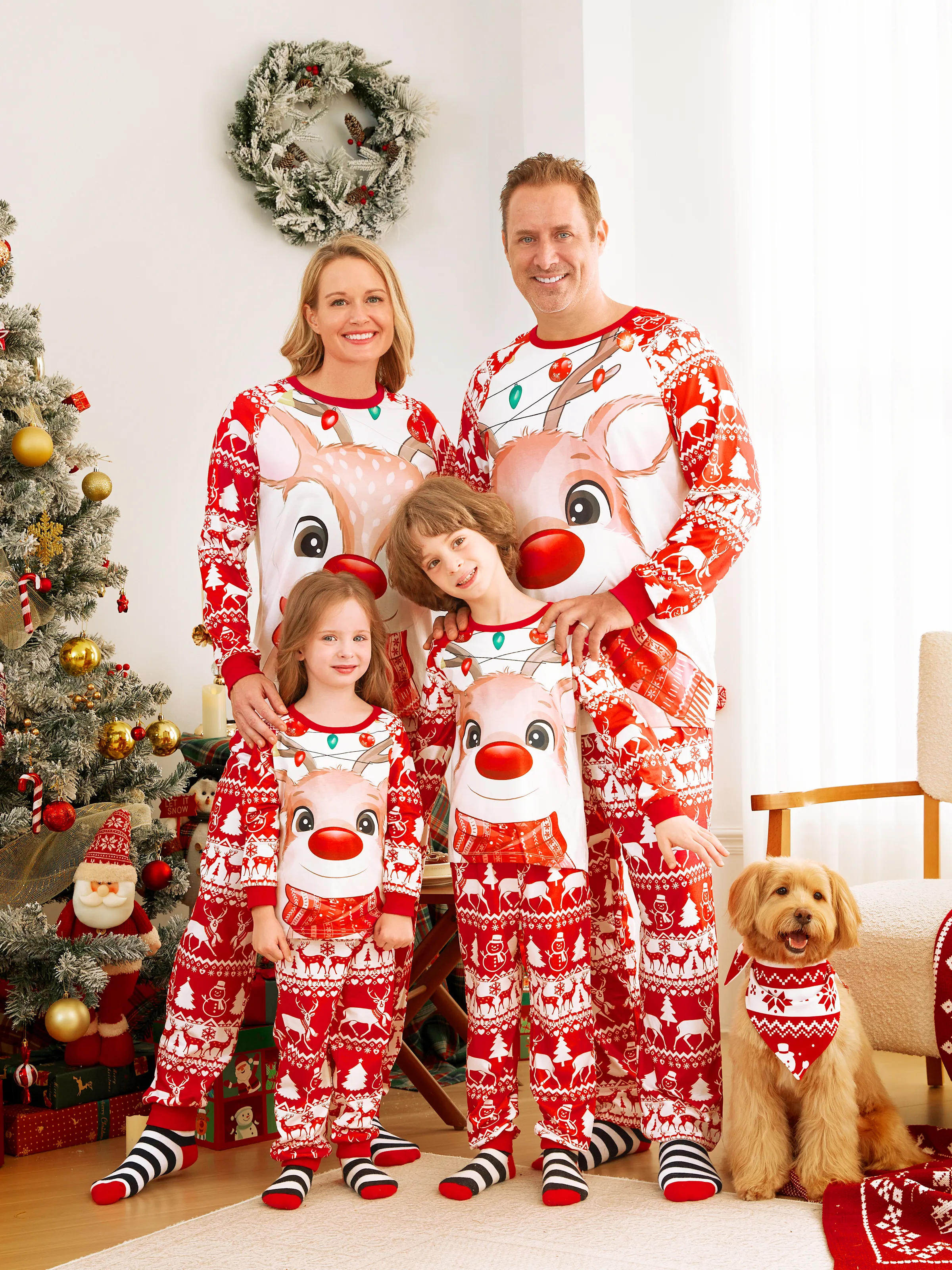 Matching Christmas Pajamas Red - Deer & Lights Print