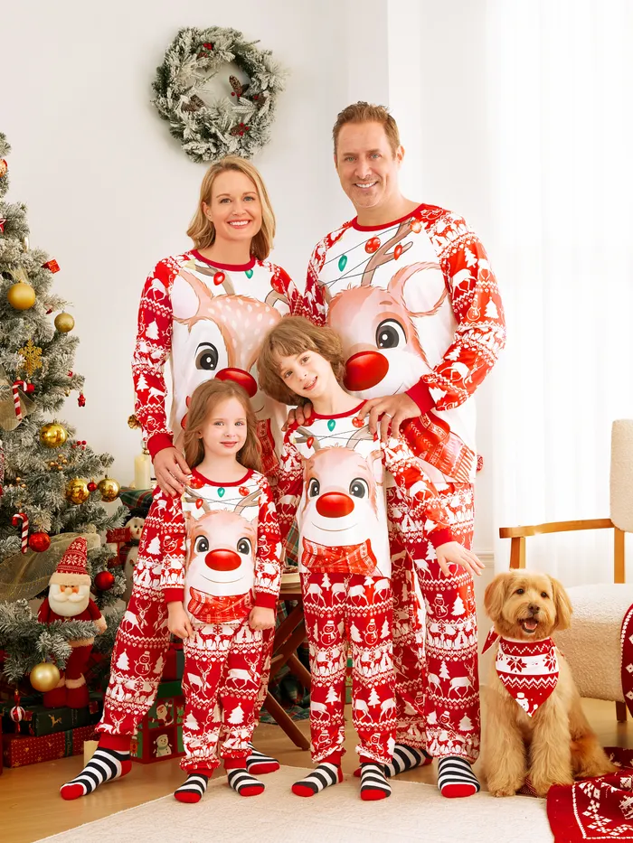 Christmas Deer & Lights Print Red Family Matching Raglan-sleeve Pajamas Sets 