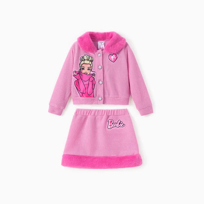 Barbie Vêtements Toddler/Kid Girl 2pcs Personnage Brodé Perle Bouton En Peluche Bord Veste Et Jupe Ensemble