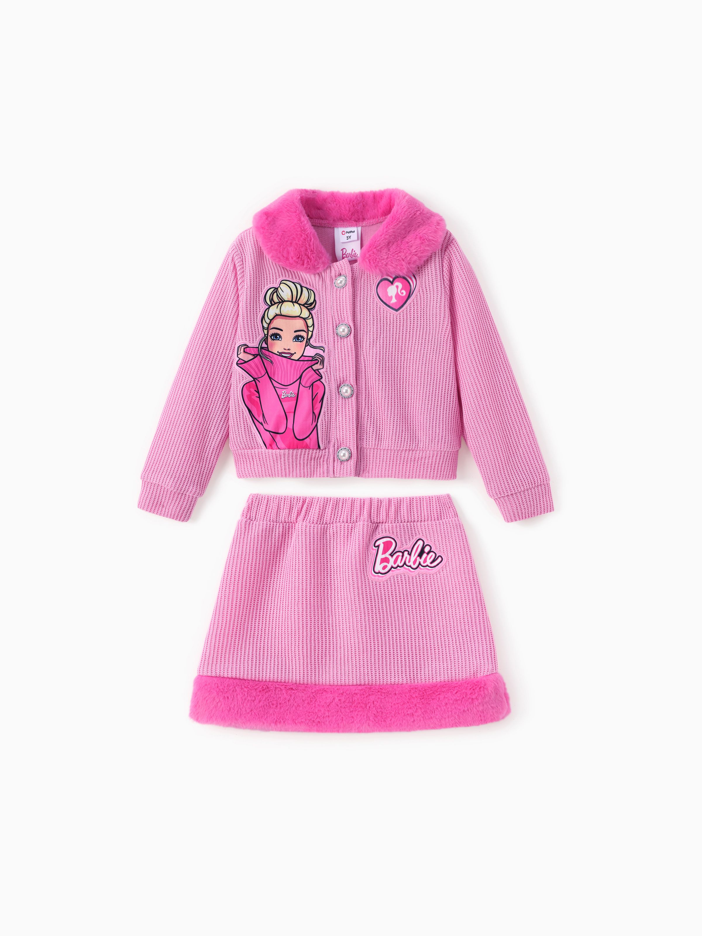 

Barbie Toddler/Kid Girl 2pcs Character Embroidered Pearl Button Plush Edge Jacket And Skirt Set