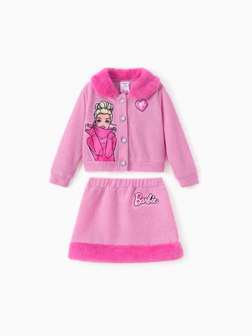 Barbie Clothing Niño Pequeño / Niña 2 piezas Personaje Bordado Botón de Perla Borde de felpa Chaqueta y falda Conjunto