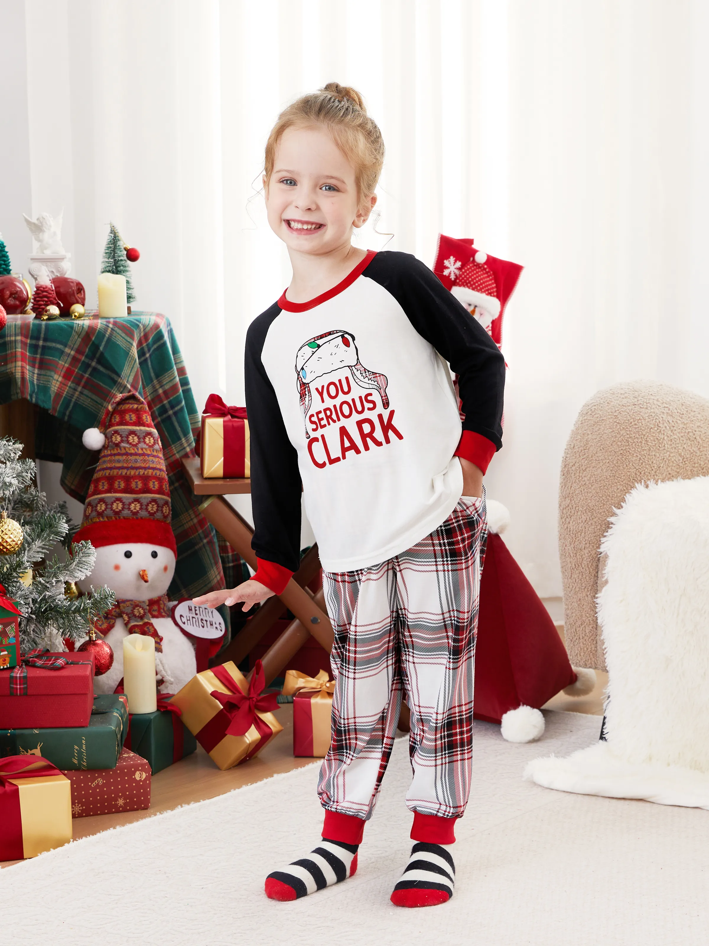 

Christmas Family Matching Pajamas Sets 'You Serious, Clark' Raglan Sleeves Top and Plaid Pants with Drawstring and Pockets