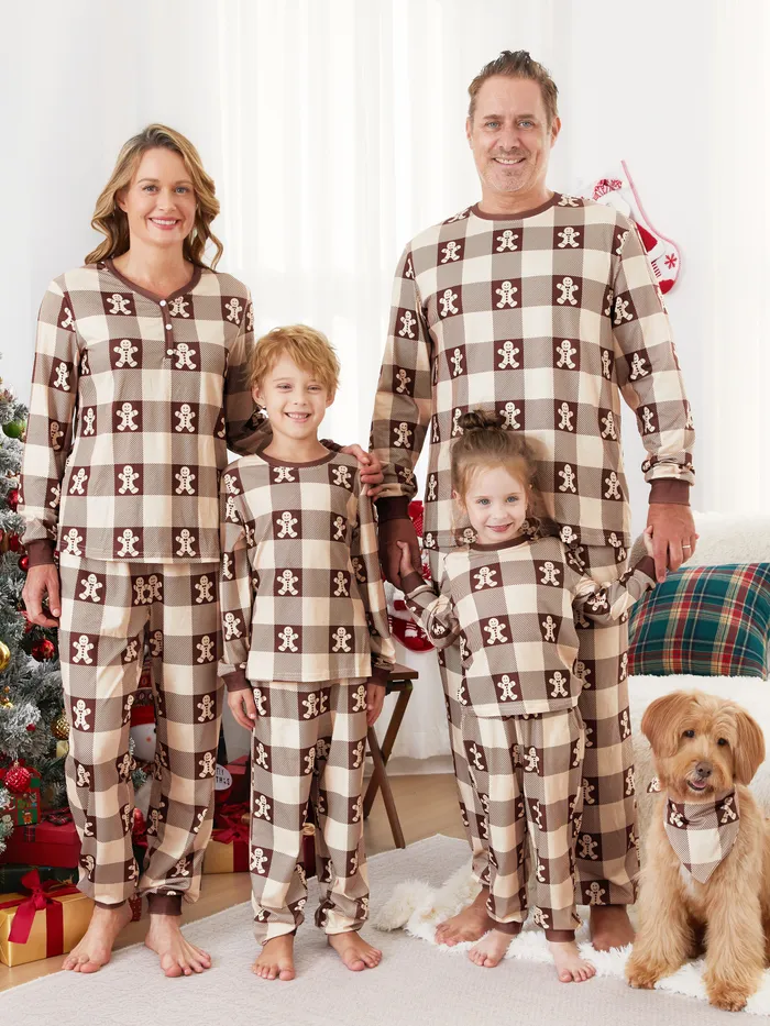 Christmas Pajamas Family Matching Gingerbread Man Graphic Plaid Pattern Henley Neck Button PJs