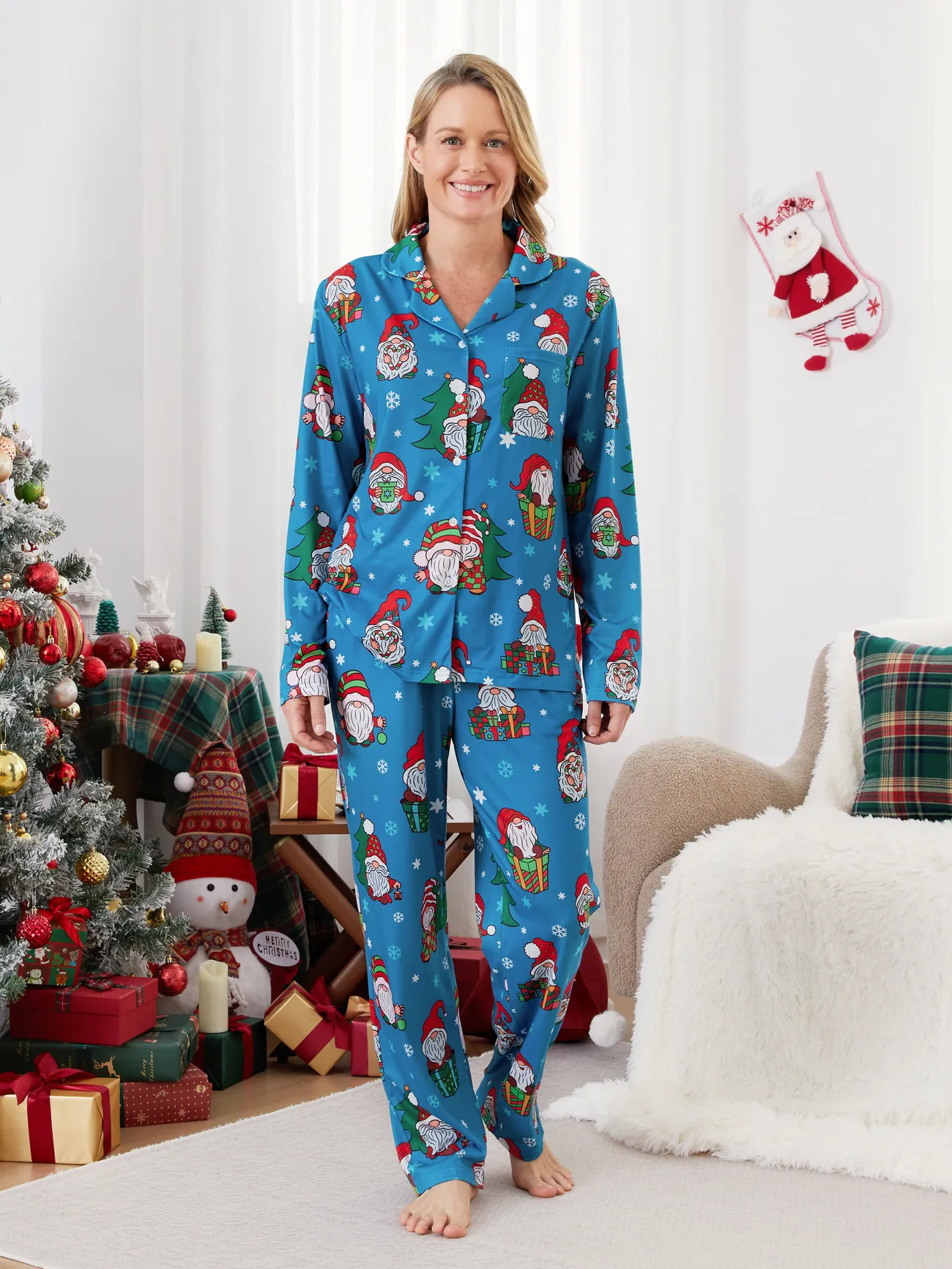 

Christmas Family Matching Blue Allover Gnome Pattern Button Lapel Pajamas Sets with Pockets ( Flame Resistant )