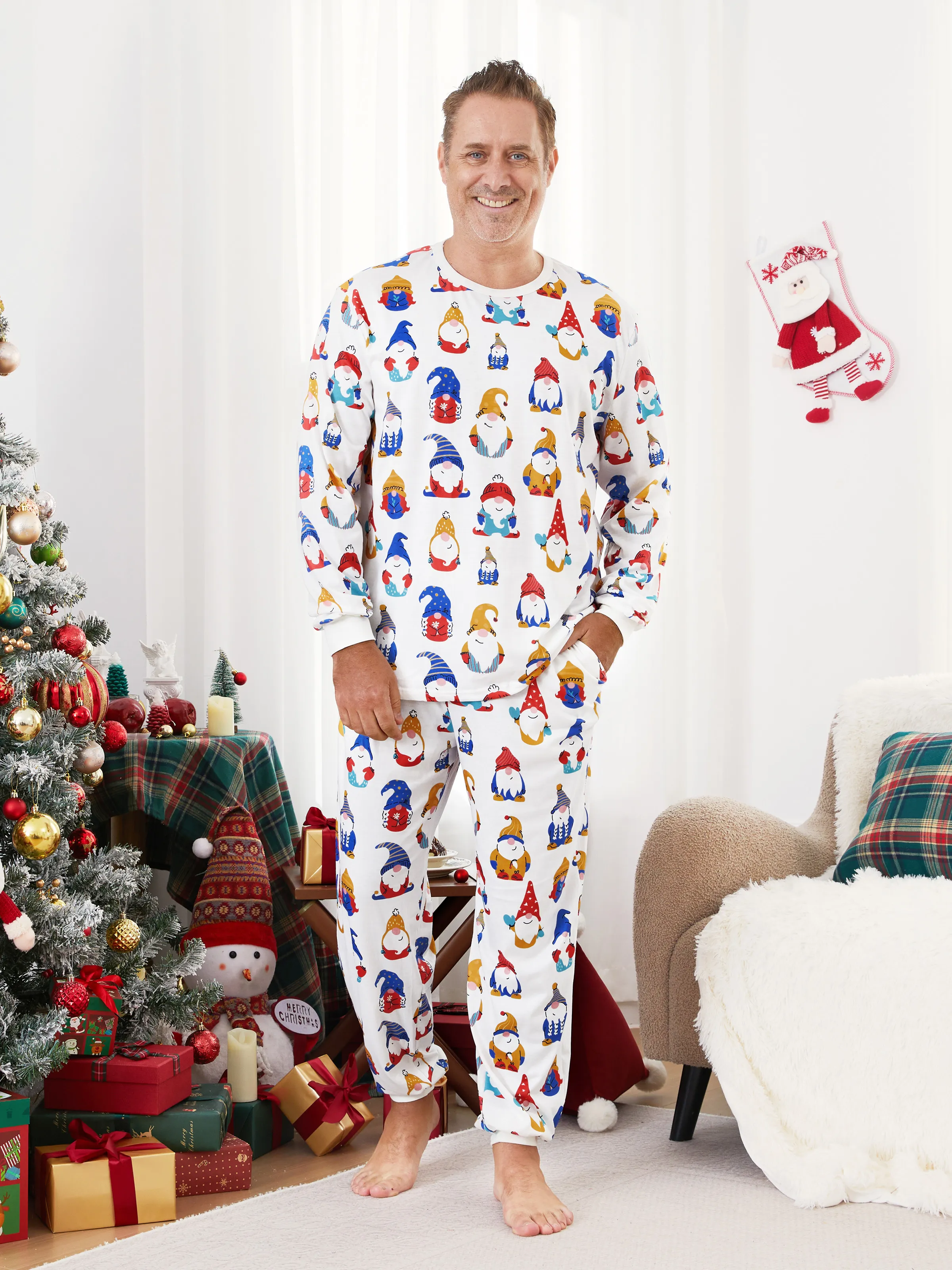 

Christmas Pajamas Family Matching Allover Colorful Gnome Pattern Long Sleeves Pajamas Sets