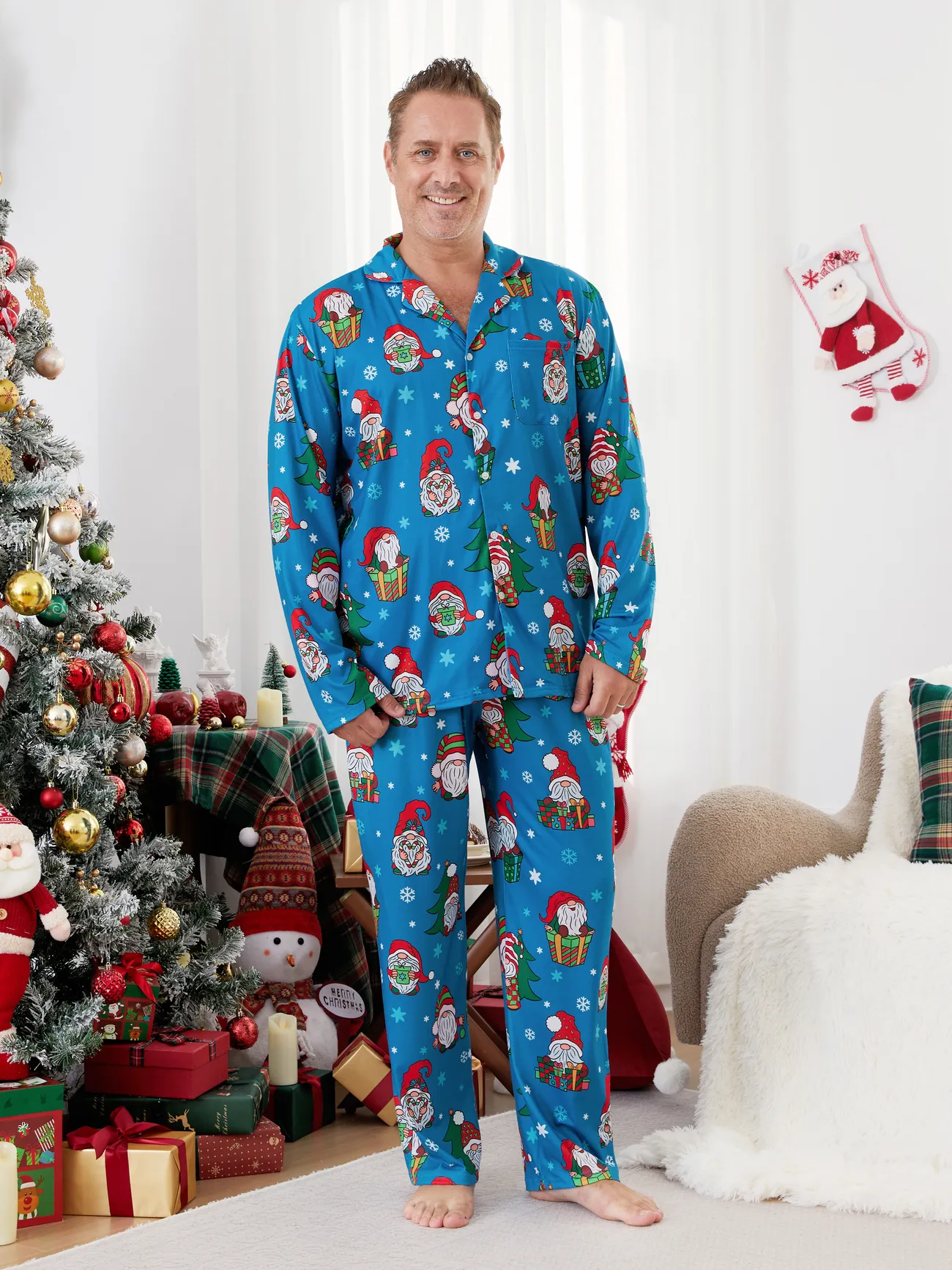 

Christmas Family Matching Blue Allover Gnome Pattern Button Lapel Pajamas Sets with Pockets ( Flame Resistant )