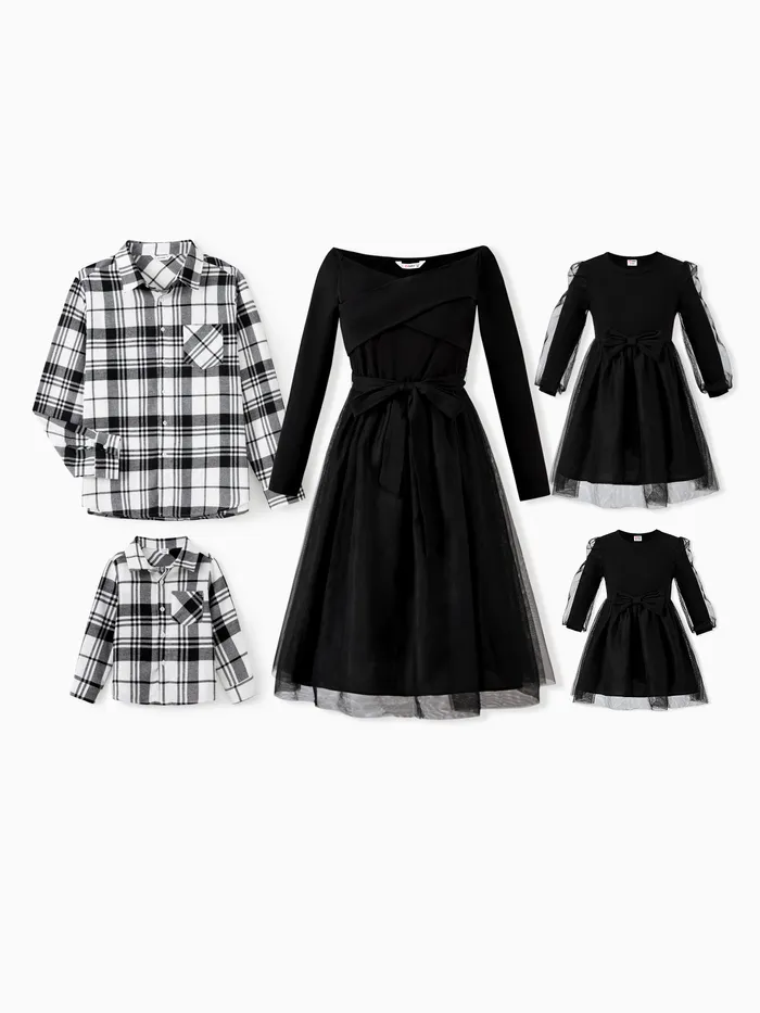 Family Matching Sets Black Plaid Shirt or Elegant Off-Shoulder Cross Front Tulle Mesh Dress