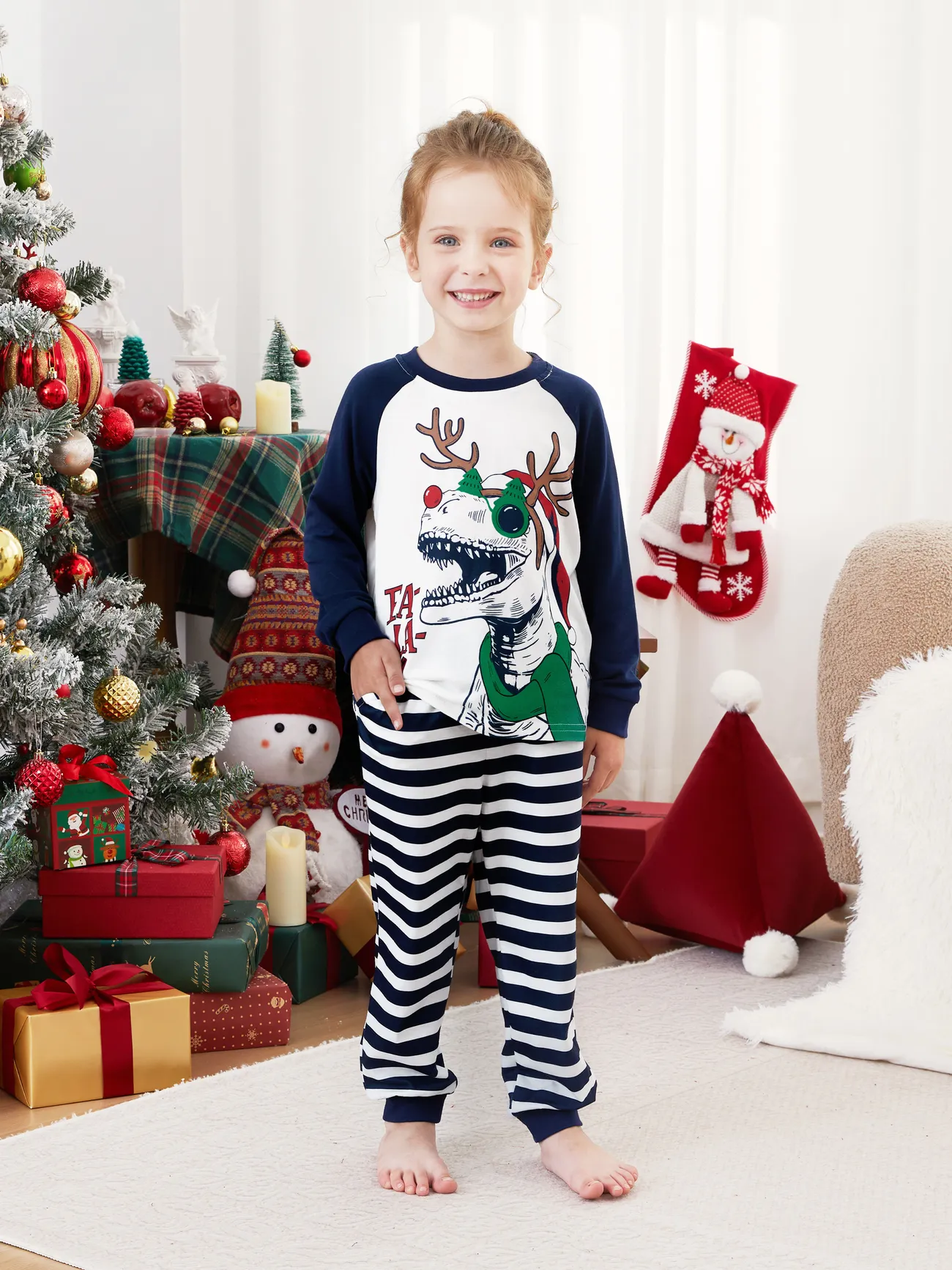 

Christmas Pajamas Family Matching Raglan Sleeves Dinosaur with Xmas Antler Graphic Long Sleeves Top Striped Pants PJs Sets