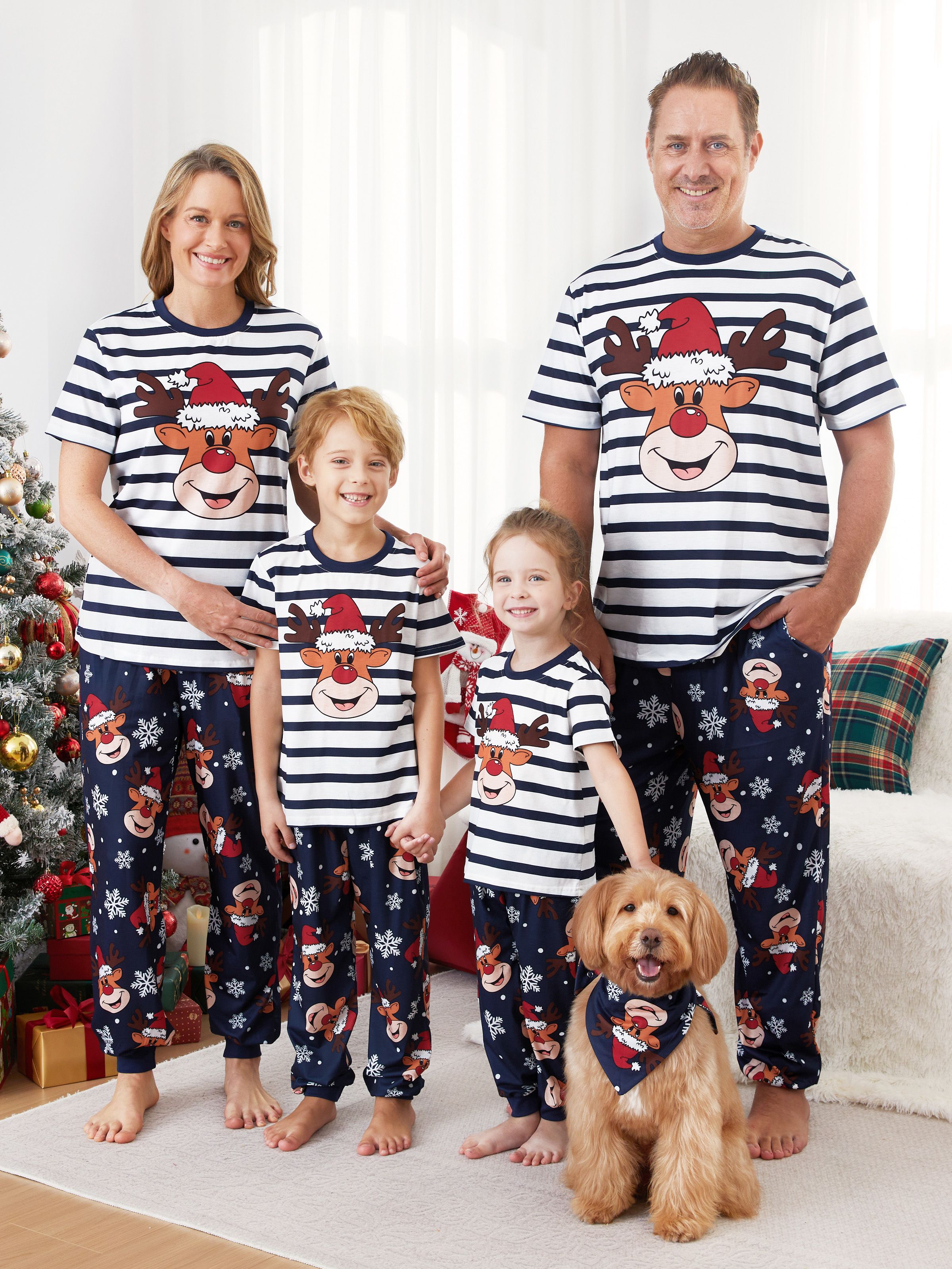 Reindeer Christmas Matching Family Outfits Striped Pattern Short Sleeves