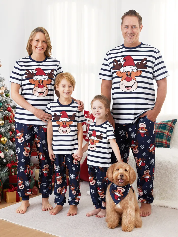 Reindeer Pajamas Christmas Matching Family Outfits Striped Pattern (Short Sleeves)