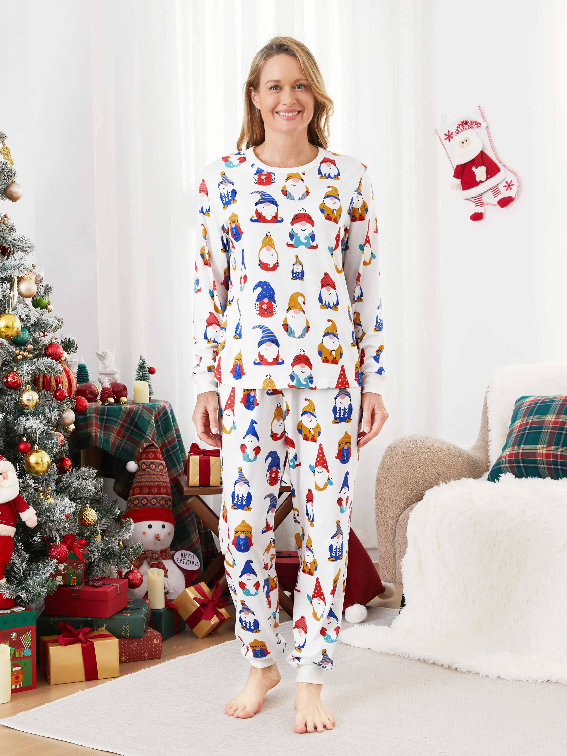 

Christmas Pajamas Family Matching Allover Colorful Gnome Pattern Long Sleeves Pajamas Sets