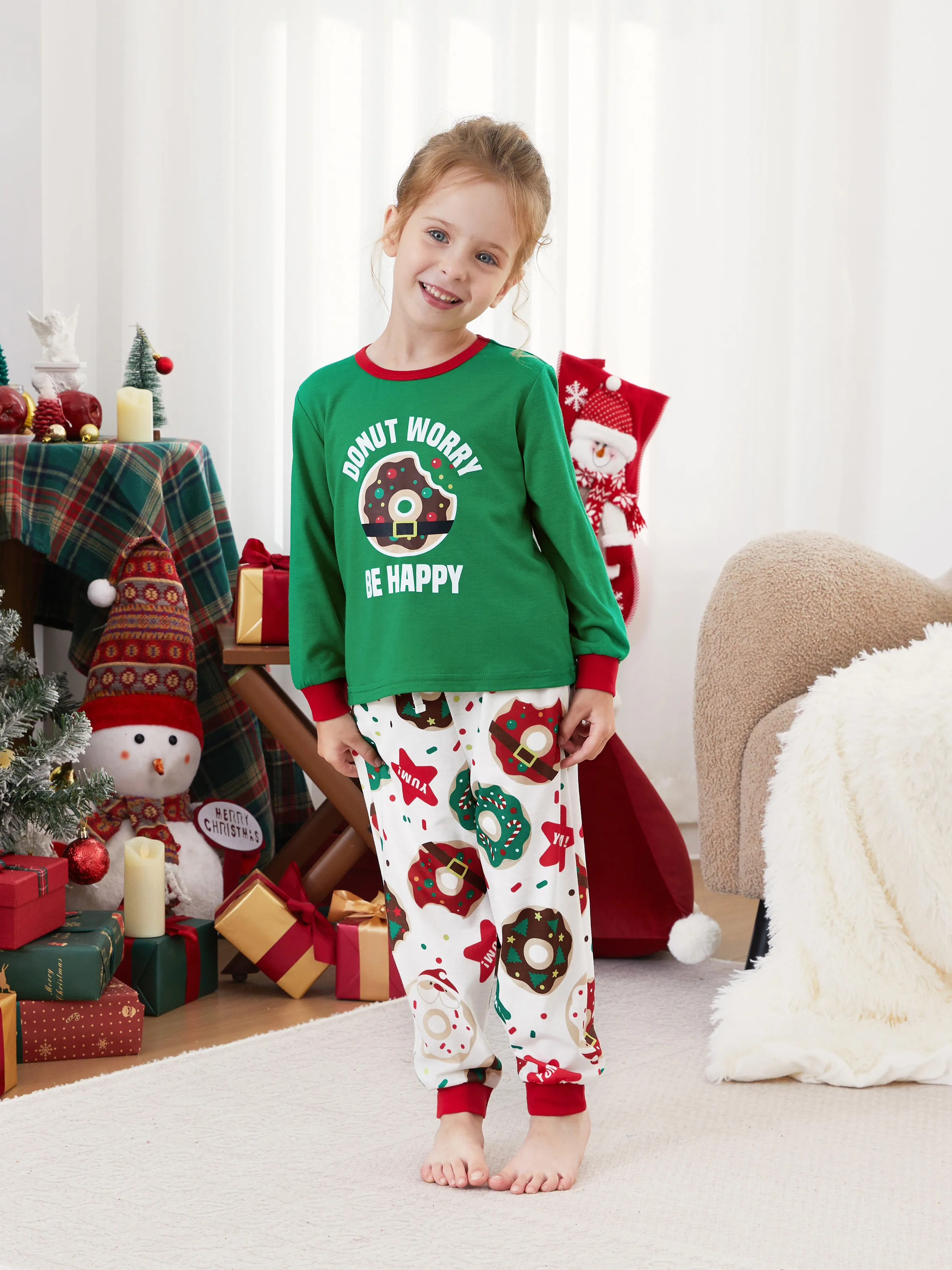 

Christmas Family Matching Donut Worry Be Happy Allover Pants Pajamas Sets with Drawstring and Pockets