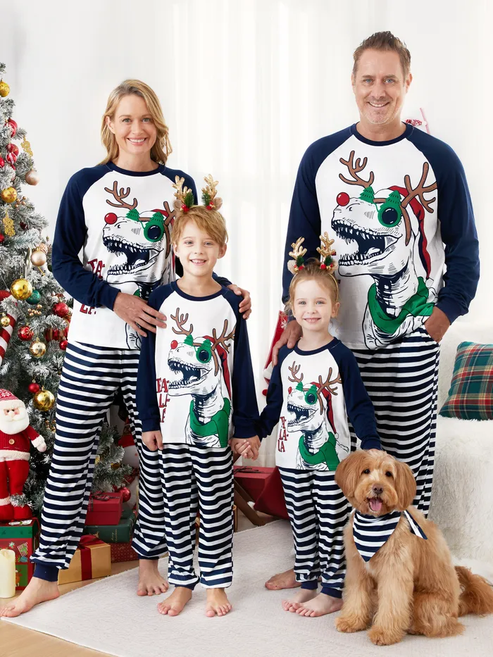 Christmas Pajamas Family Matching Raglan Sleeves Dinosaur with Xmas Antler Graphic Long Sleeves Top Striped Pants PJs Sets