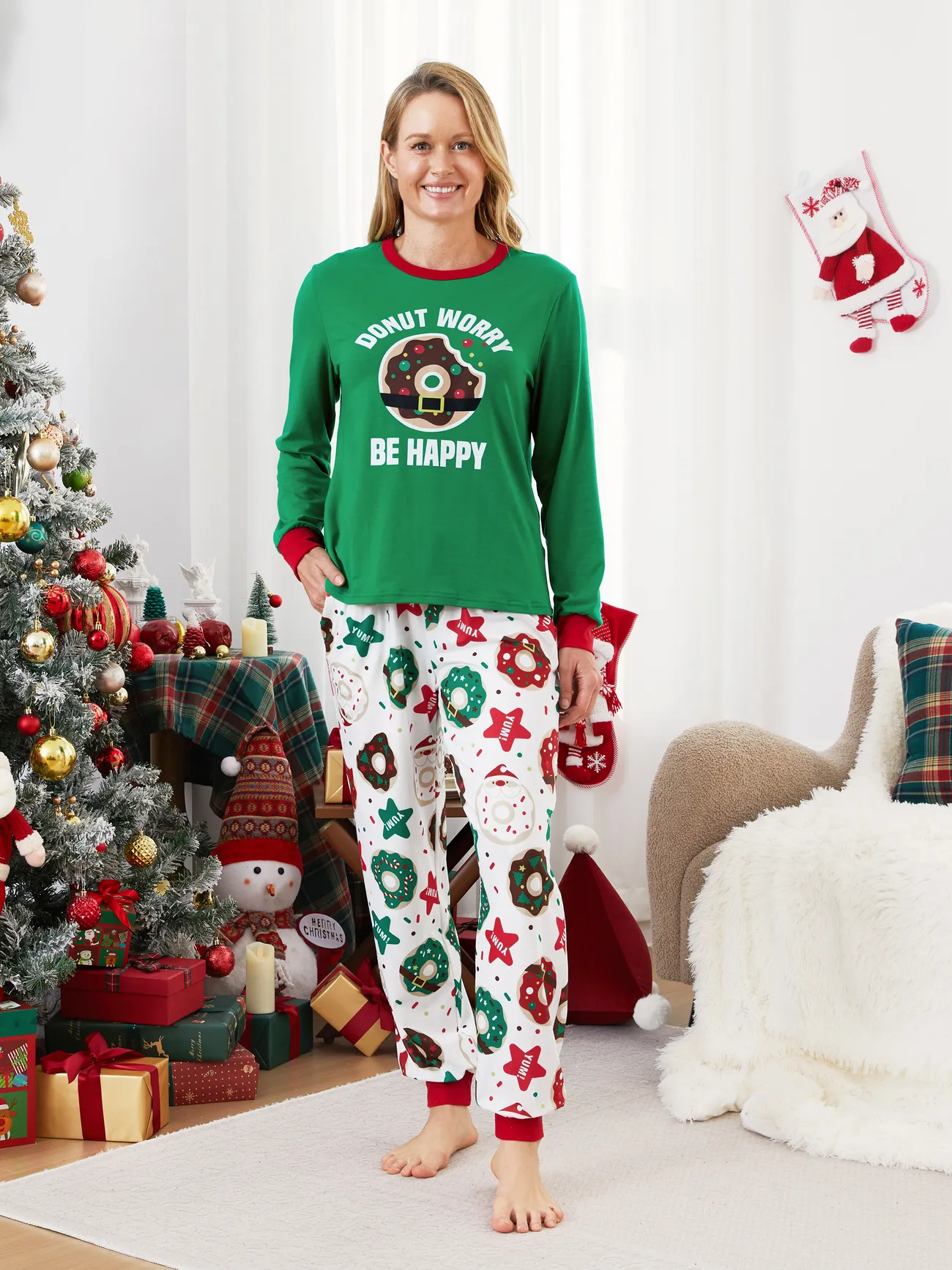 

Christmas Family Matching Donut Worry Be Happy Allover Pants Pajamas Sets with Drawstring and Pockets