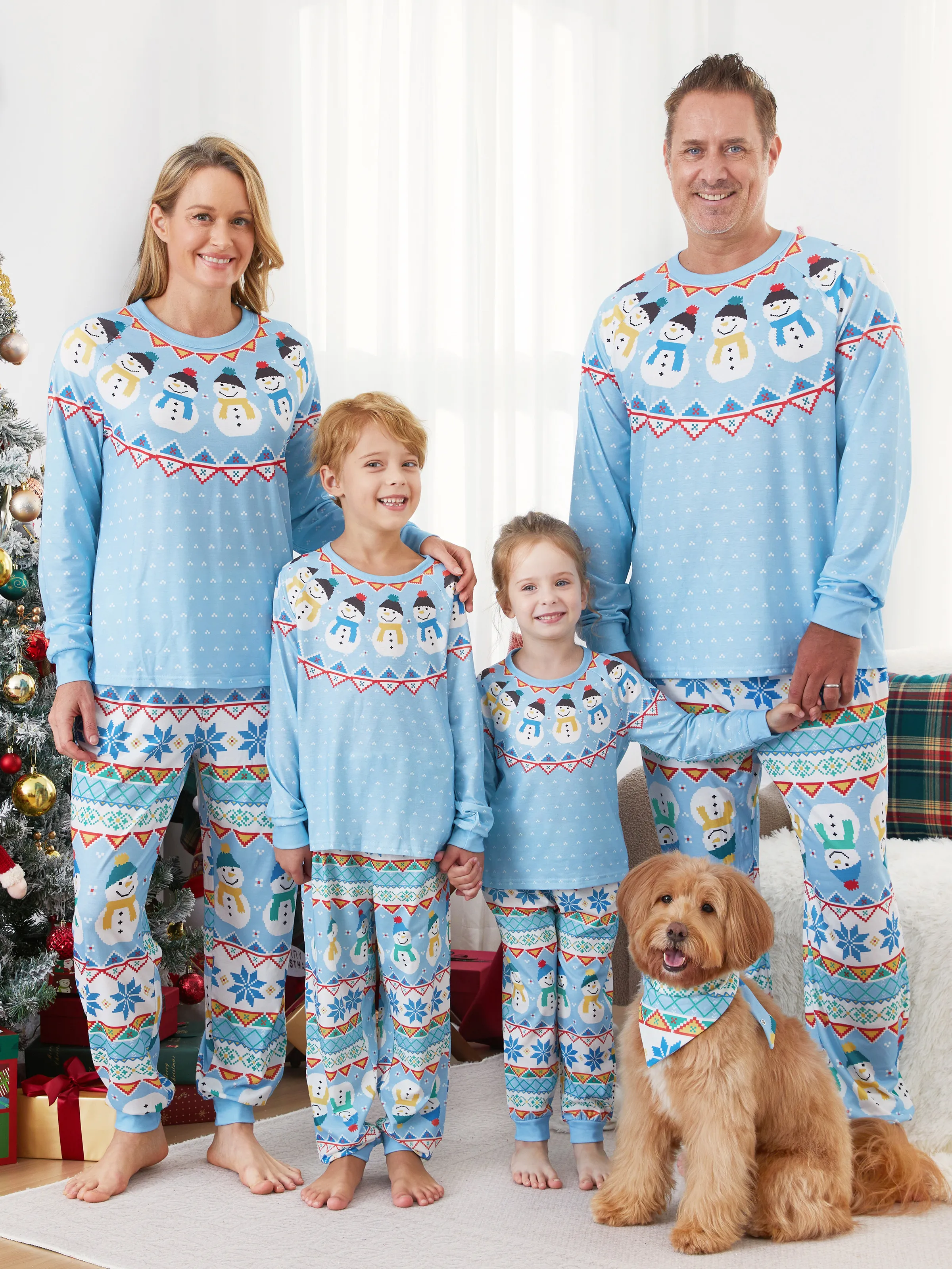 

Blue Matching Christmas Pajamas Snowman Pattern Long Sleeves Family PJs Sets