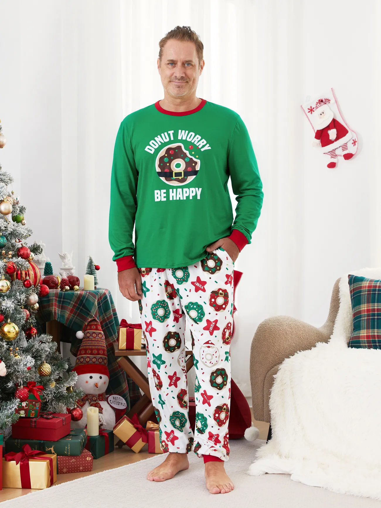 

Christmas Family Matching Donut Worry Be Happy Allover Pants Pajamas Sets with Drawstring and Pockets