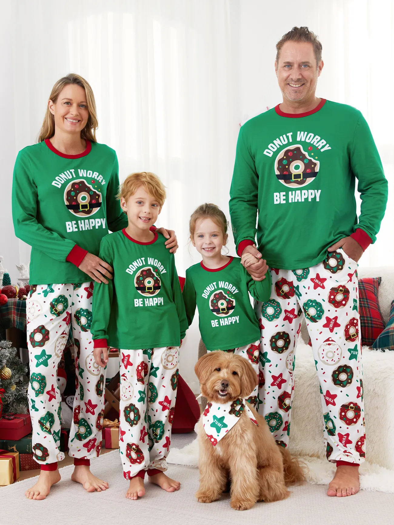 Christmas Family Matching Donut Worry Be Happy Allover Pants Pajamas Sets with Drawstring and Pockets 