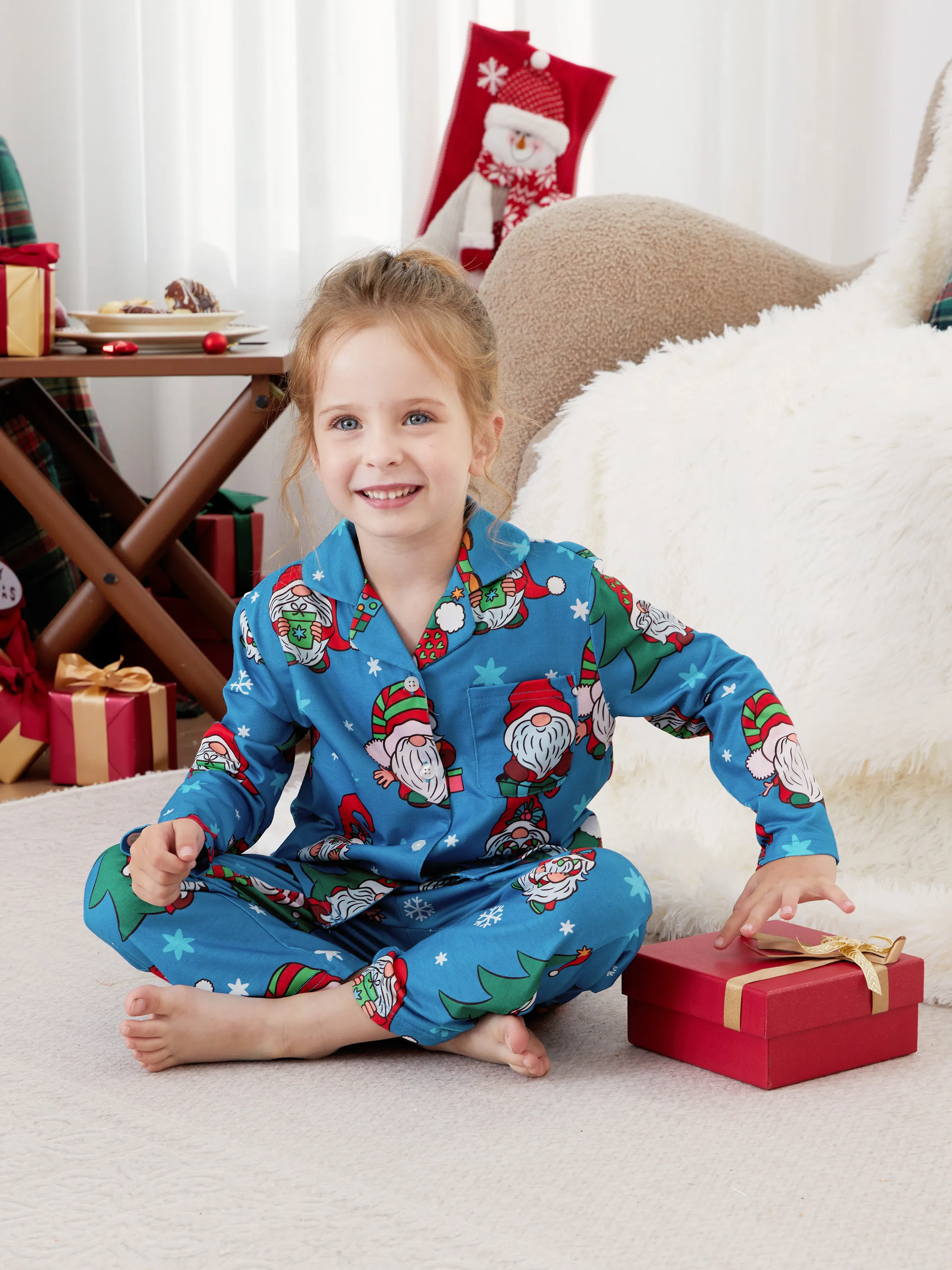 

Christmas Family Matching Blue Allover Gnome Pattern Button Lapel Pajamas Sets with Pockets ( Flame Resistant )