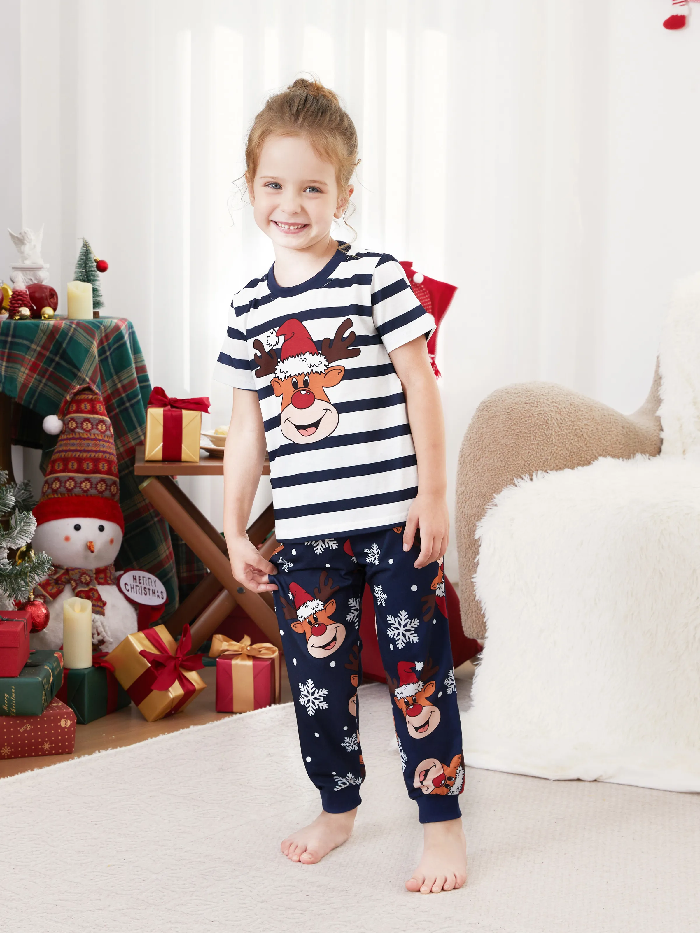 

Reindeer Pajamas Christmas Matching Family Outfits Striped Pattern (Short Sleeves)