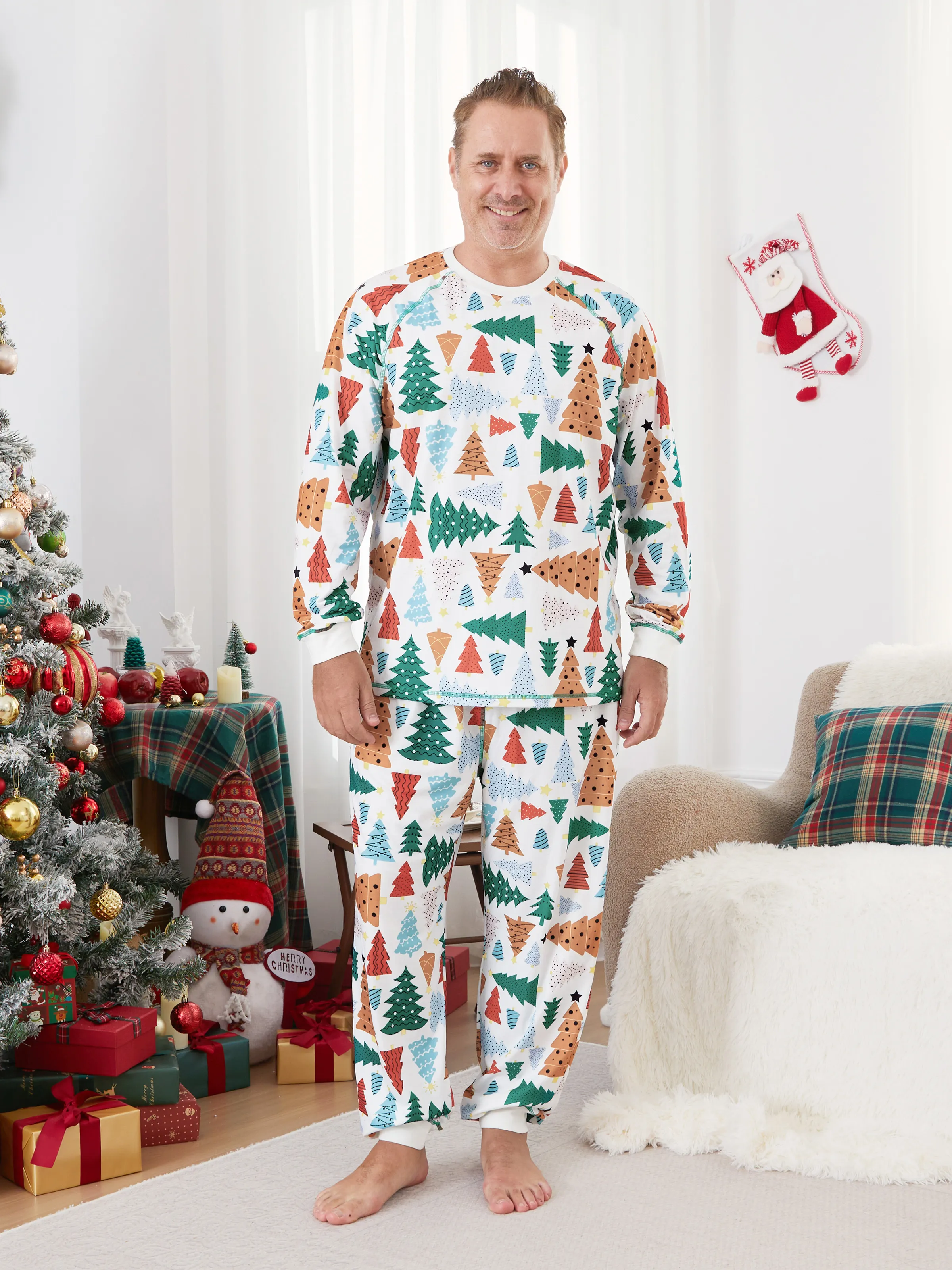 

Christmas Pajamas Family Matching Allover Christmas Tree Pattern Pajamas Sets with Drawstring and Pockets