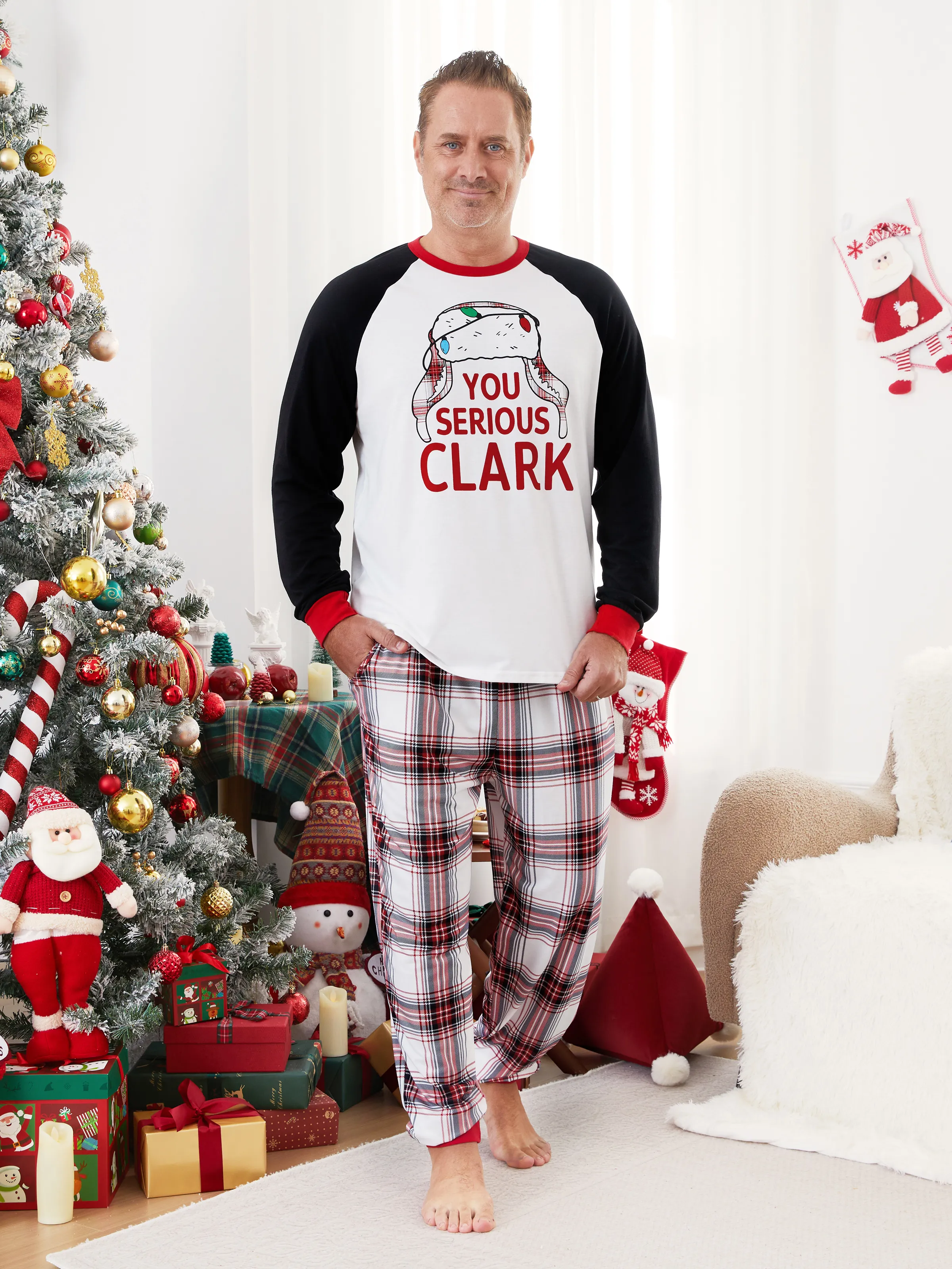 

Christmas Family Matching Pajamas Sets 'You Serious, Clark' Raglan Sleeves Top and Plaid Pants with Drawstring and Pockets