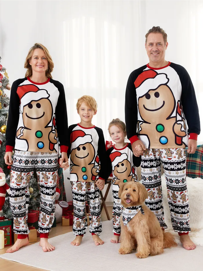 Christmas Family Matching Raglan Sleeves Gingerbread Man Pajamas Sets with Drawstring and Pockets 