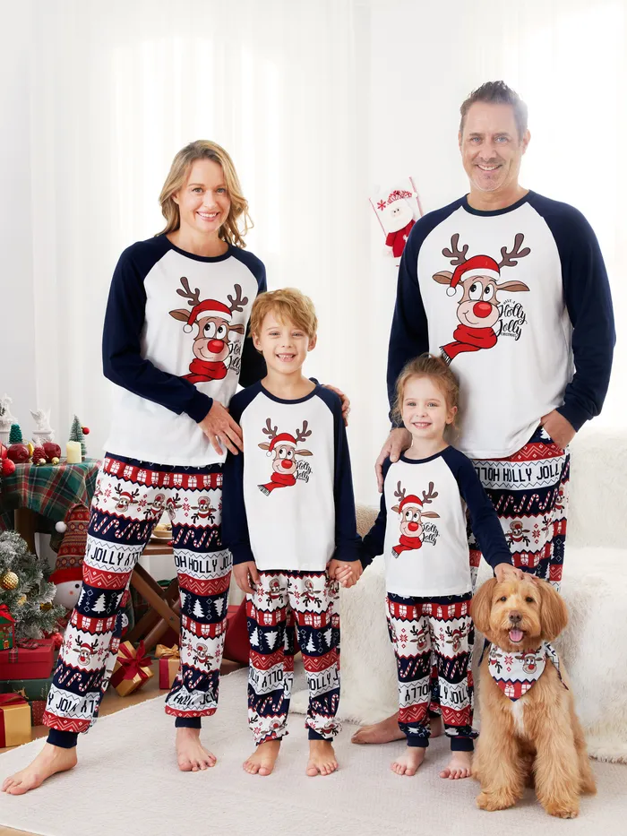 Christmas Family Matching Raglan Sleeves Red Nose Reindeer Pajamas Sets with Drawstring and Pockets (Flame Resistant)