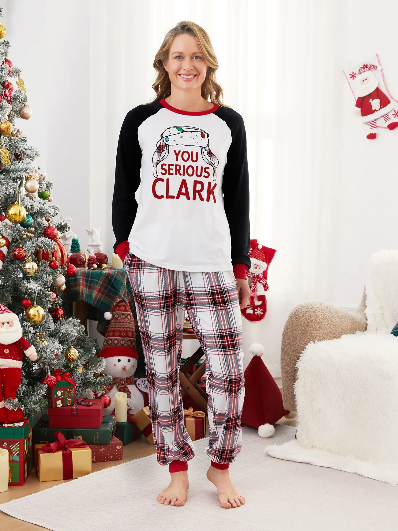 

Christmas Family Matching Pajamas Sets 'You Serious, Clark' Raglan Sleeves Top and Plaid Pants with Drawstring and Pockets