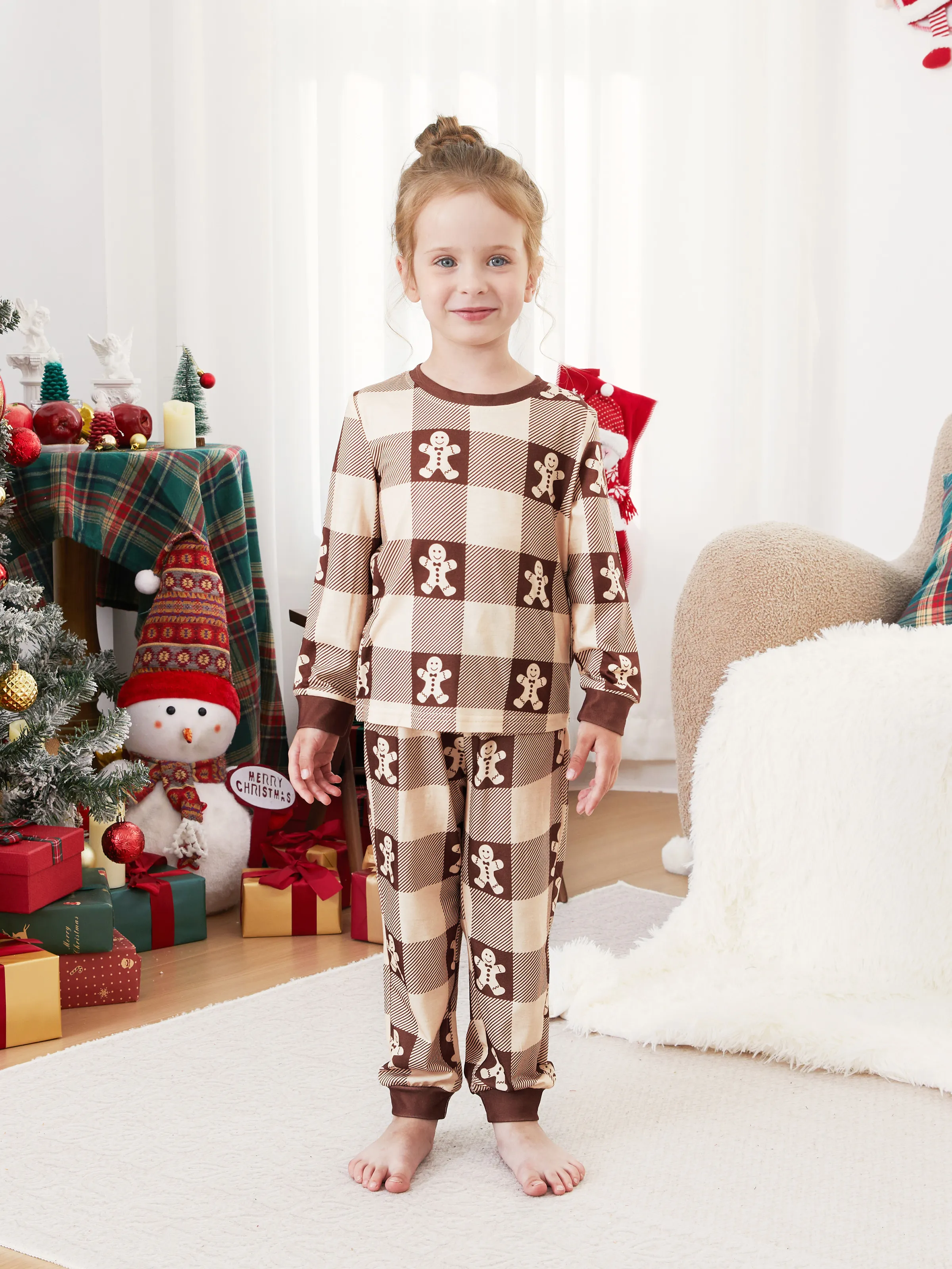 

Christmas Pajamas Family Matching Gingerbread Man Graphic Plaid Pattern Henley Neck Button PJs