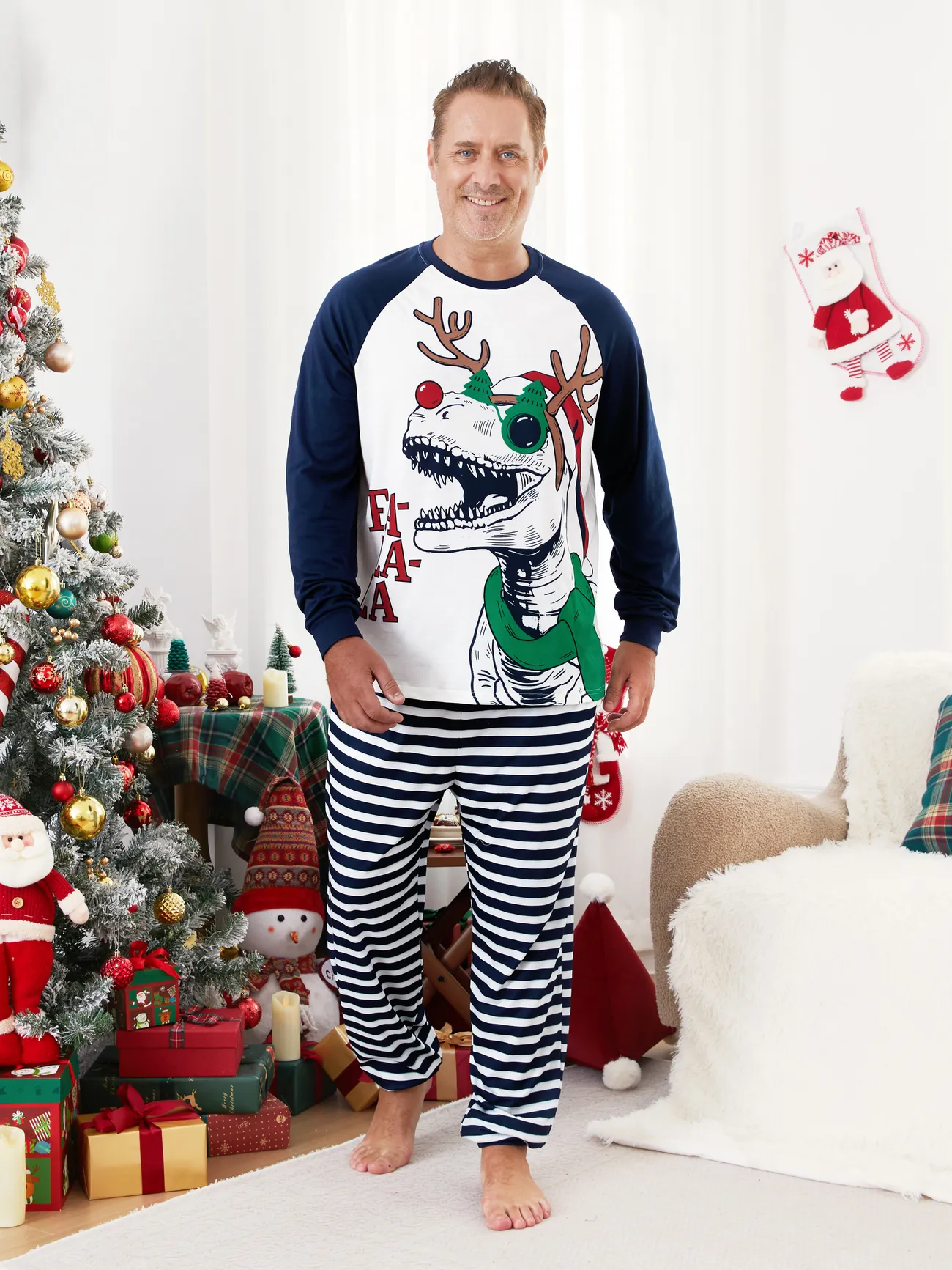 

Christmas Pajamas Family Matching Raglan Sleeves Dinosaur with Xmas Antler Graphic Long Sleeves Top Striped Pants PJs Sets