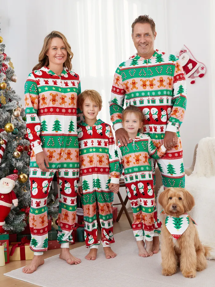 Mamelucos Pijama A juego Trajes de Navidad Patrón integral Cremallera Delantero Holly Jolly Print Espalda