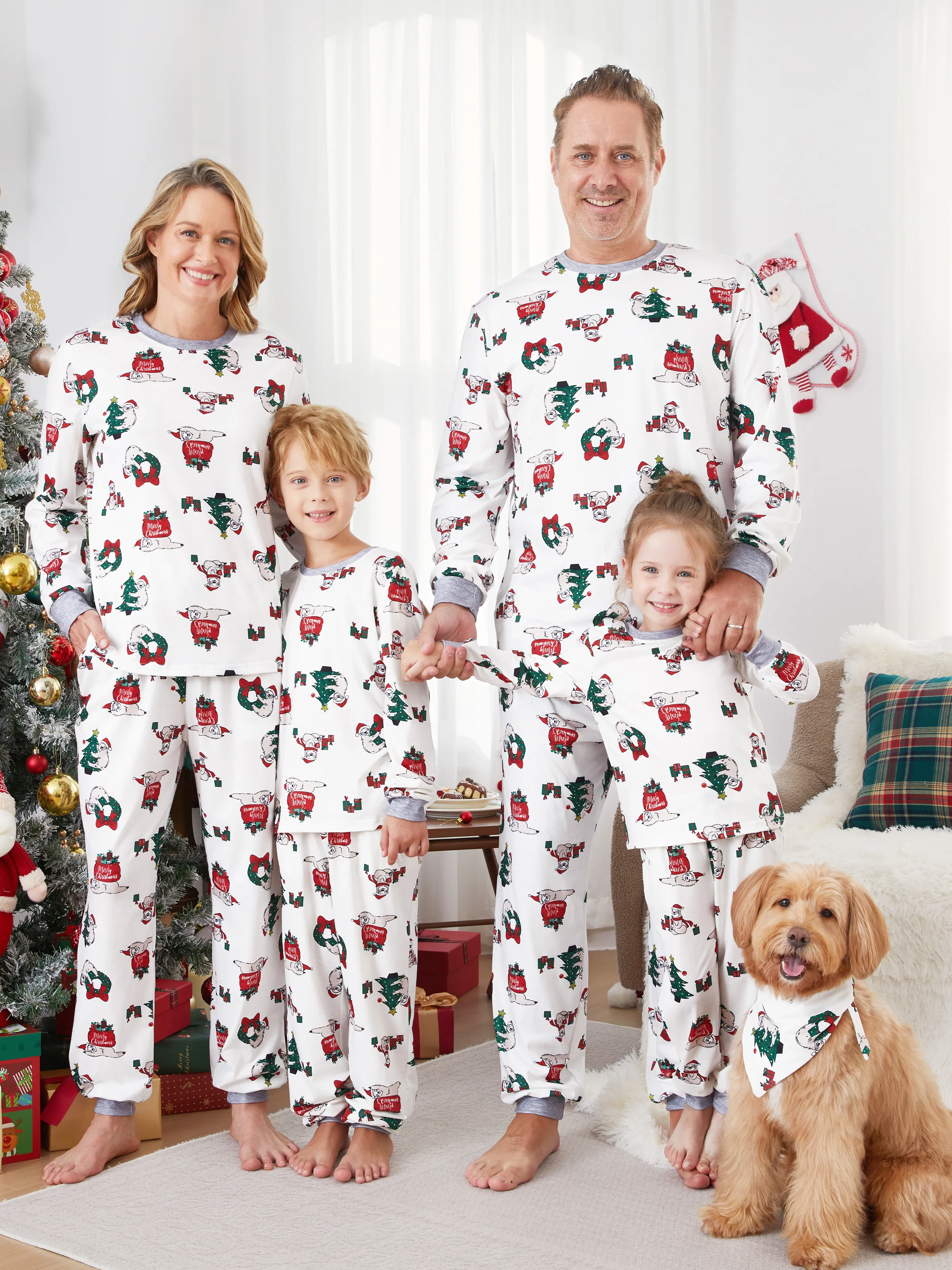 Matching Family Christmas Pajamas White - Sloth PJs