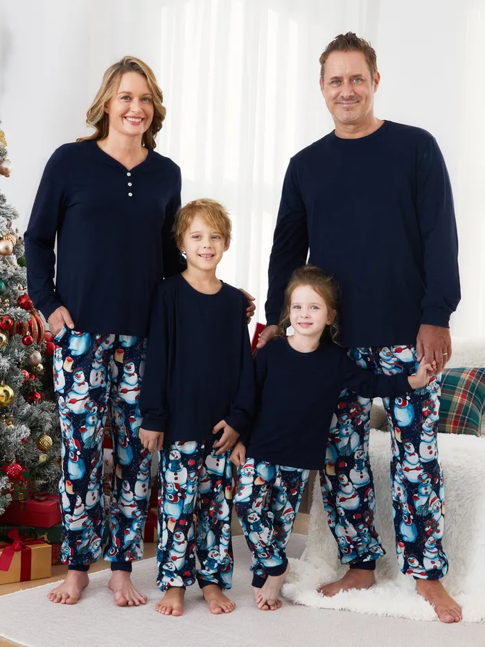 Pyjama de Noël Famille Assorti Henley Col Manches Longues Bonhomme de neige Motif Pyjamas Ensembles