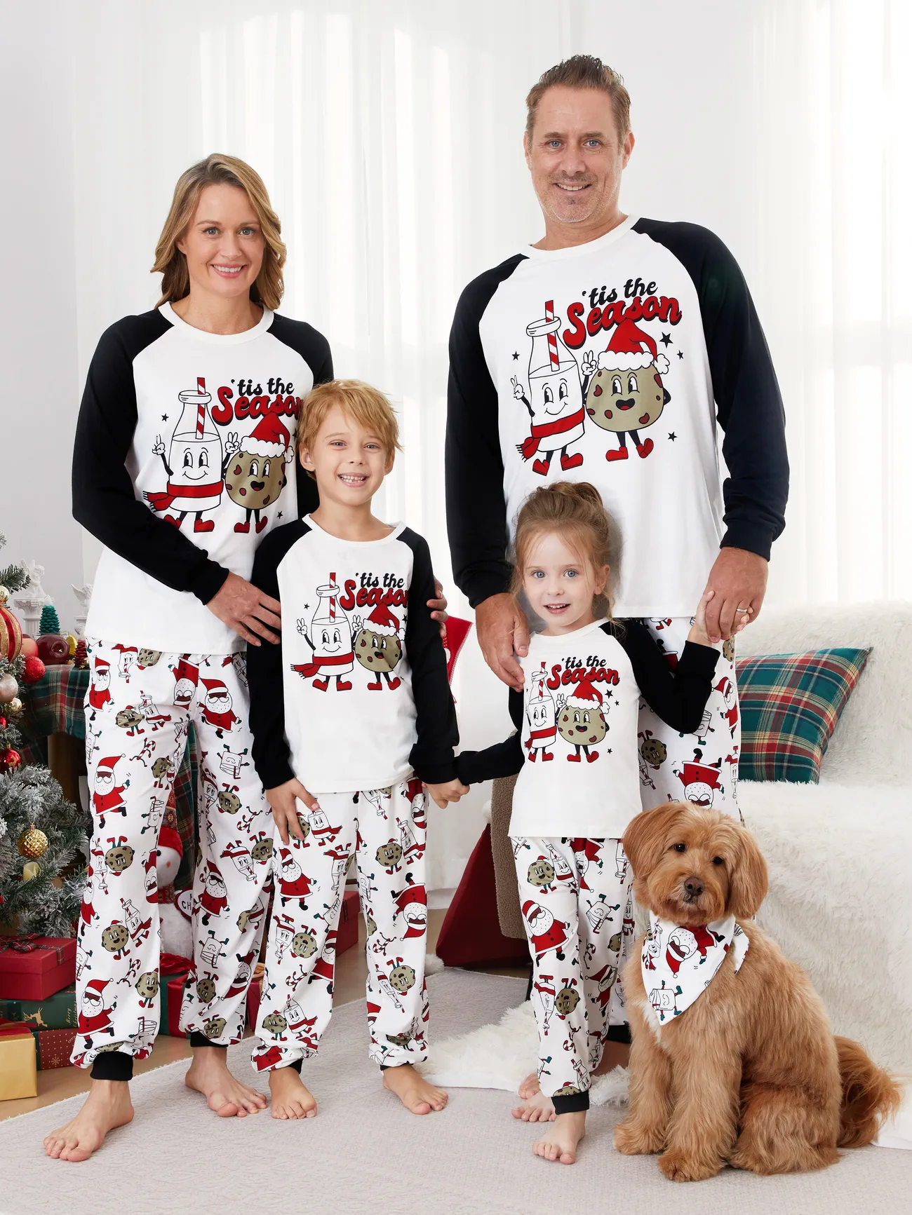 Christmas Family Matching Raglan Sleeves Cartoon Milk and Biscuit Graphic Pajamas Sets with Pockets and Drawstring ( Flame Resistant )