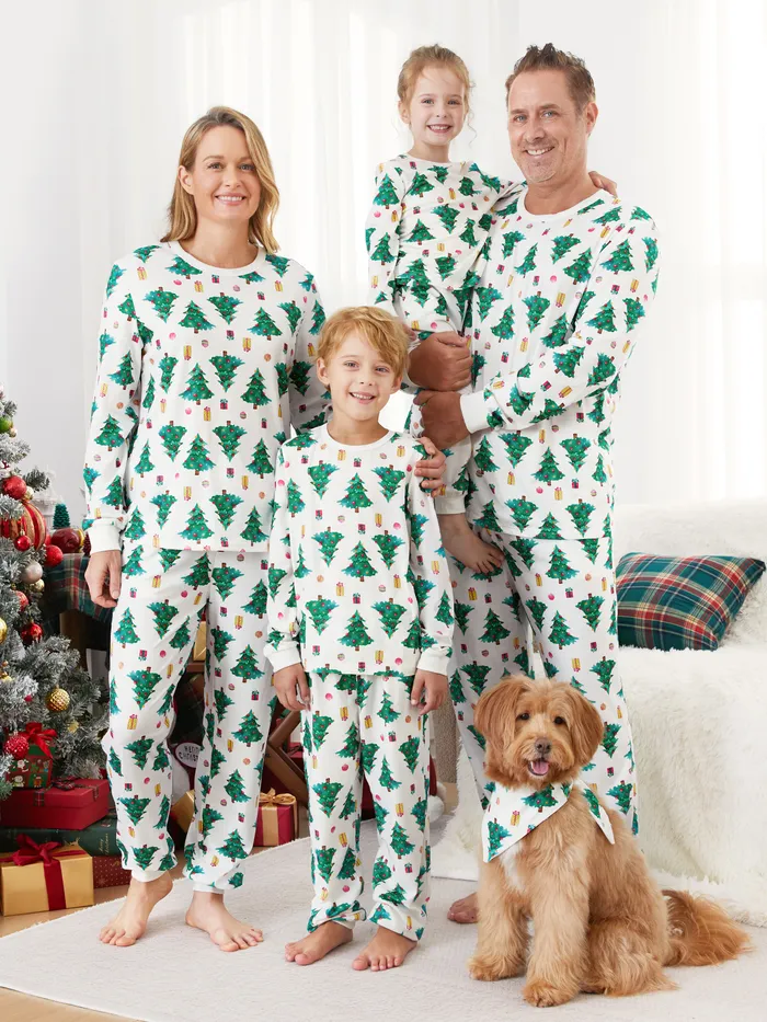 Christmas Family Matching Allover Christmas Tree Pattern Pajamas Sets with Drawstring and Pockets 